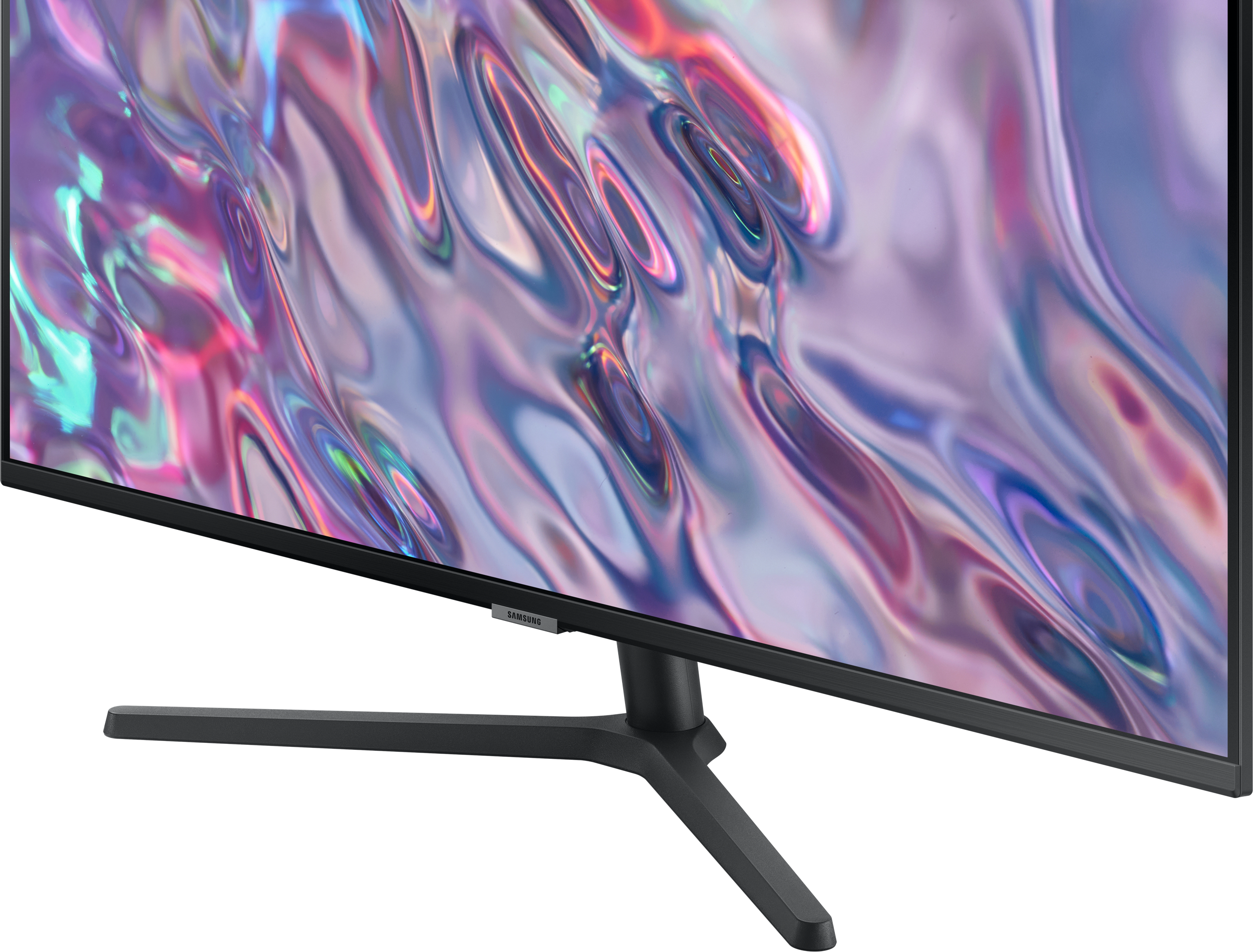 Nahaufnahme eines schwarzen Samsung TV-Ständers, der den Bildschirm trägt.