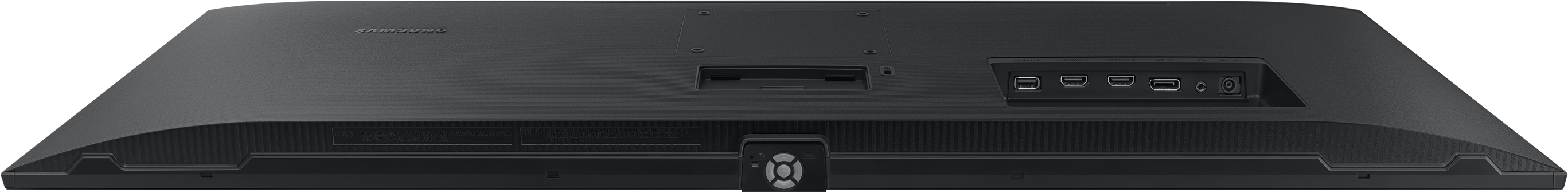 Rückansicht eines schwarzen Monitors mit Anschlüssen. Das Samsung-Logo ist sichtbar.