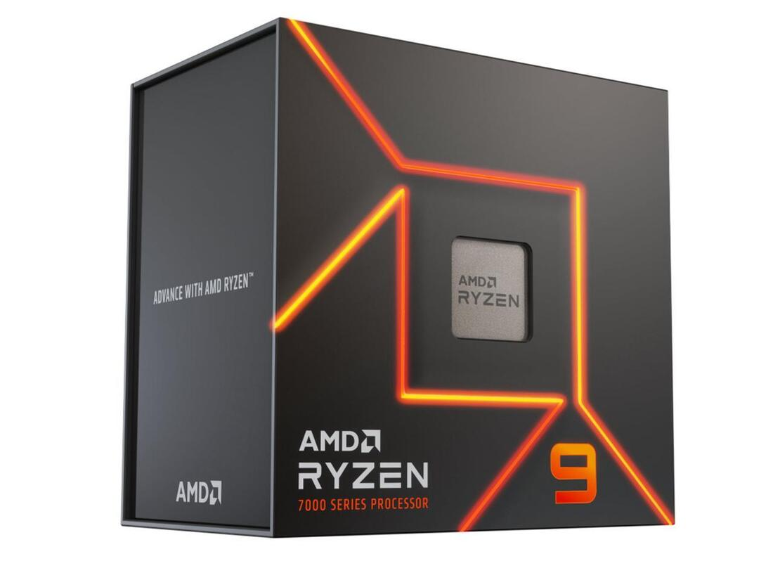 AMD Ryzen 9 logosu bulunan siyah bir kutu. Kutu beyaz bir arka plan üzerinde. Ryzen 9 çipi görünür.