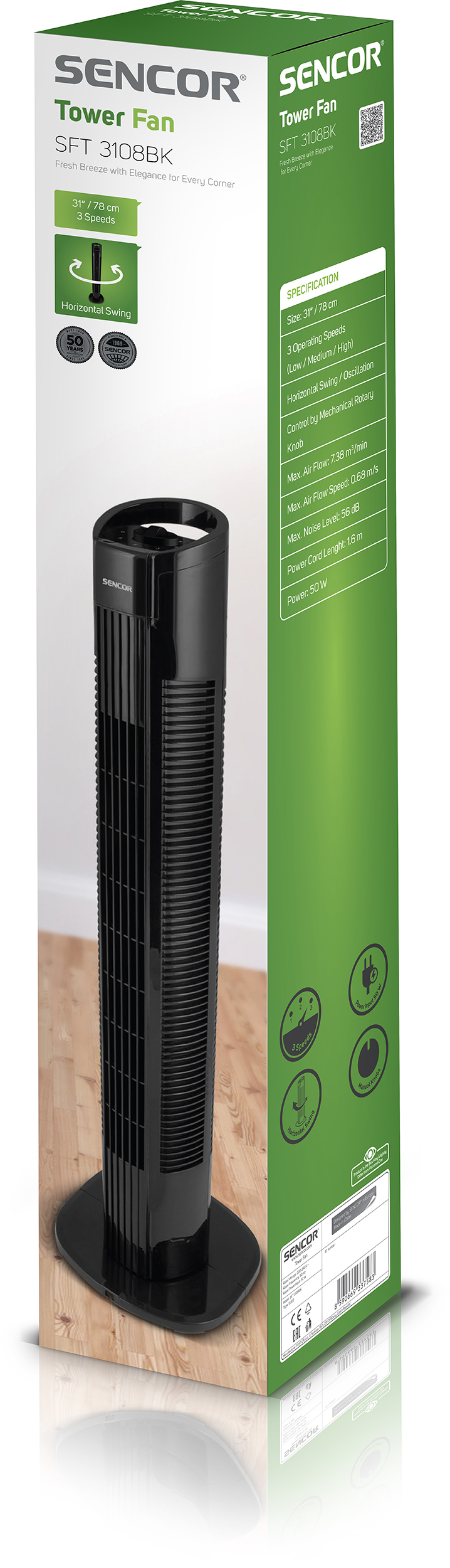 Fekete torony ventilátor a csomagolásában, zöld és fehér dizájnnal.