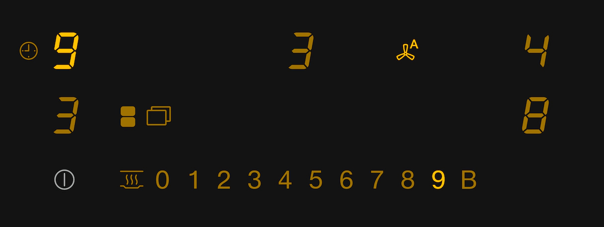Digitalanzeige mit Zahlen und Symbolen, gelb auf schwarz. Verschiedene numerische Werte.