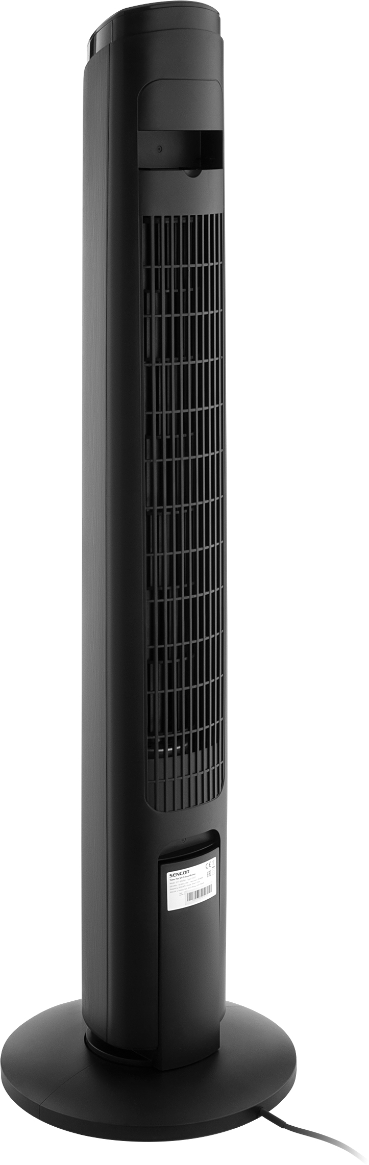 Fekete torony ventilátor. Kör alakú talppal és függőleges résekkel rendelkezik.