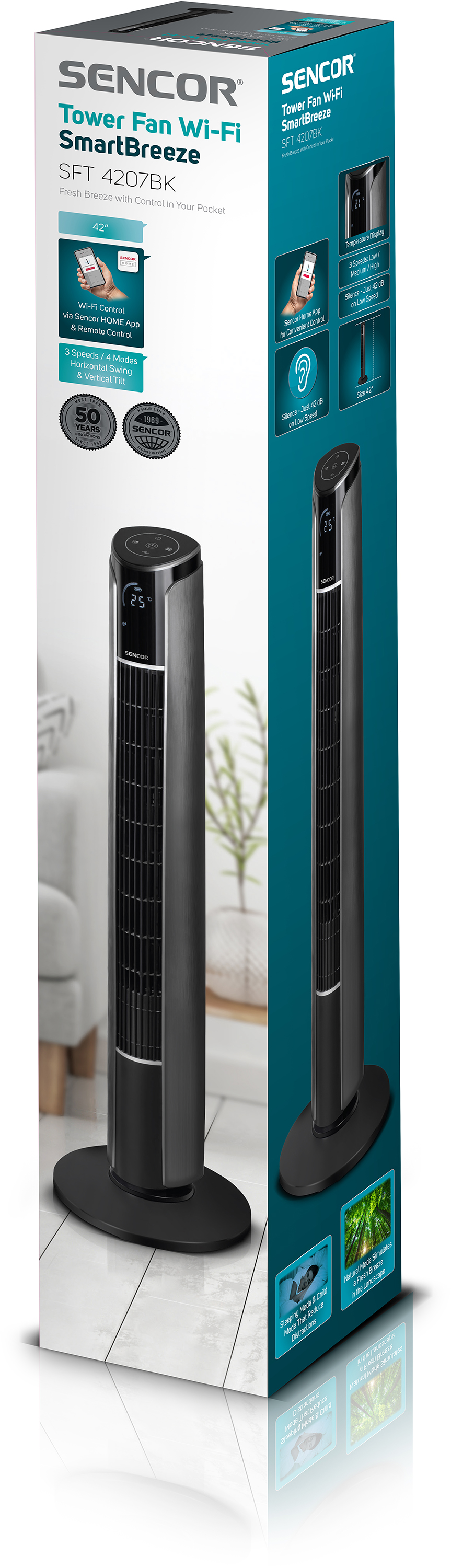Torony ventilátor doboz a látható ventilátorral, fekete és szürke színben, fehér háttérrel.