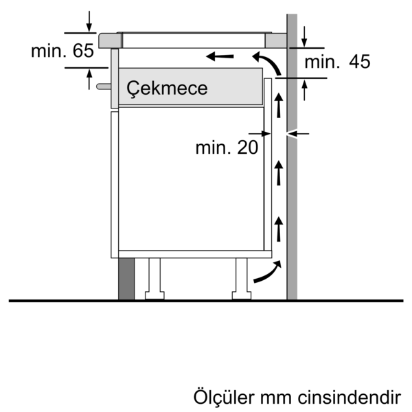 Türkçe etiketler ve mm cinsinden ölçülerle bir mutfak dolabı diyagramı.