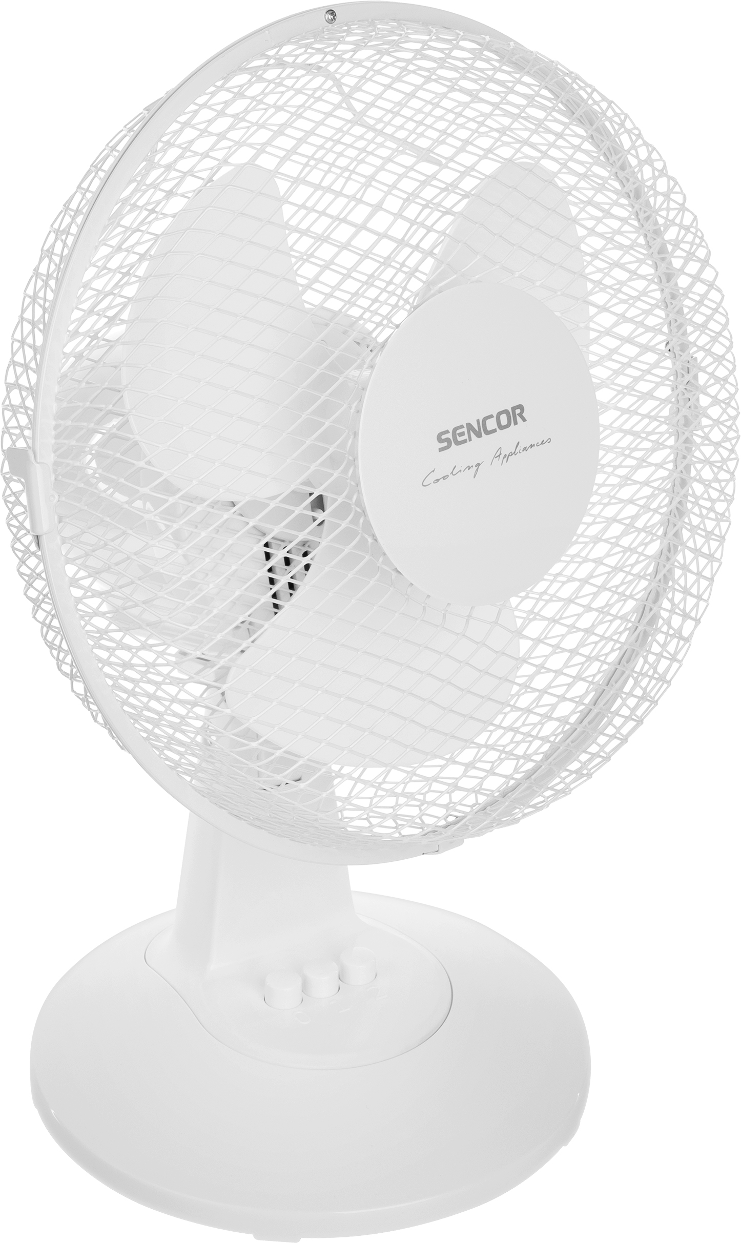 Egy fehér SENCOR ventilátor fehér hálós ketreccel, fehér alapon.