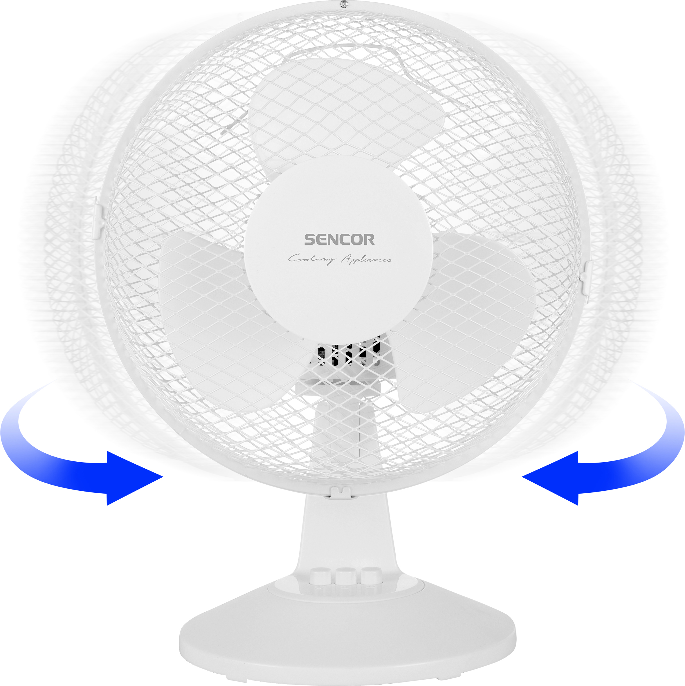 Fehér asztali ventilátor forgó mozgás hatással és kék nyilakkal, amelyek a forgás irányát jelzik.