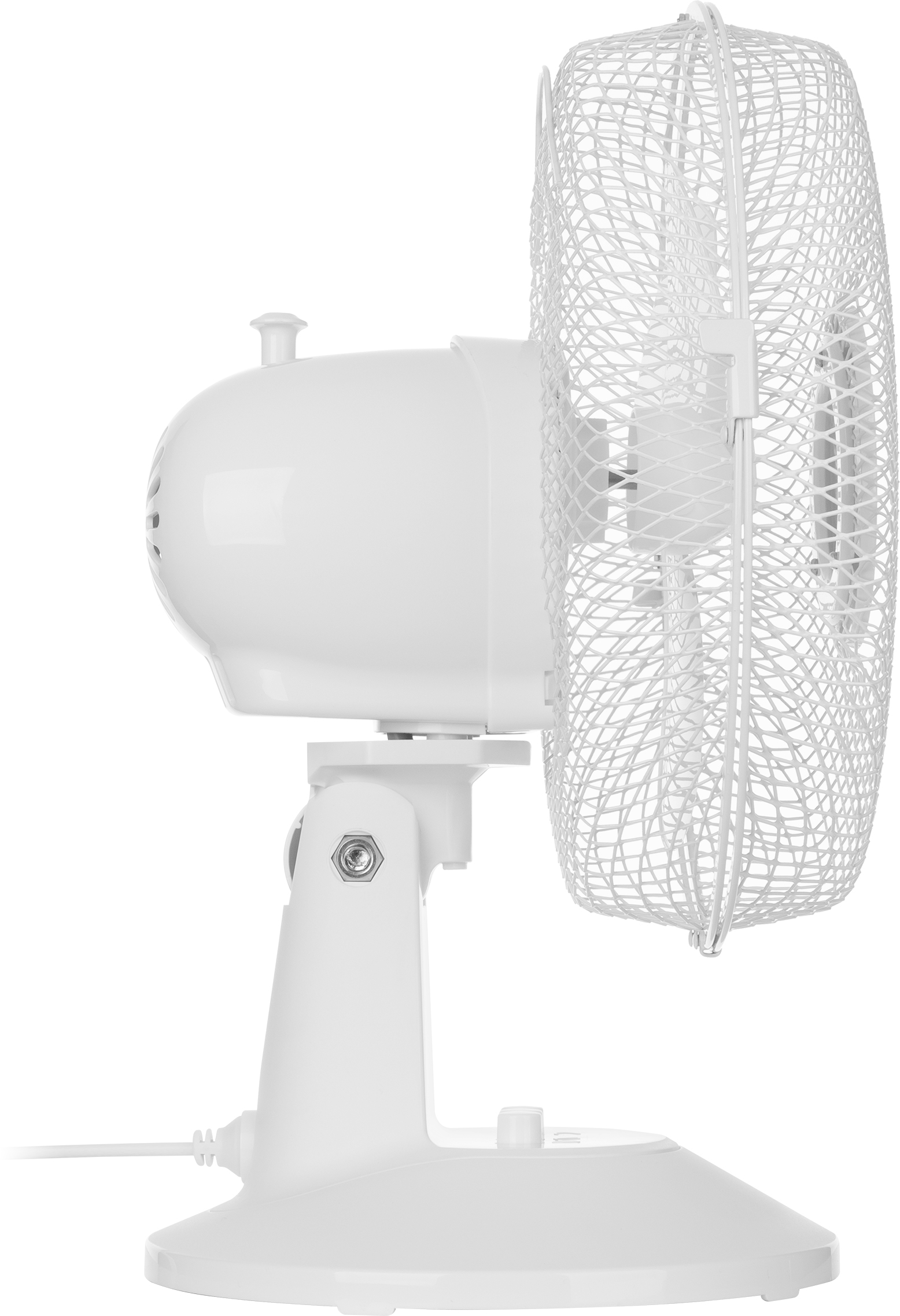 Fehér ventilátor védőrács. Fehér állványon helyezkedik el.