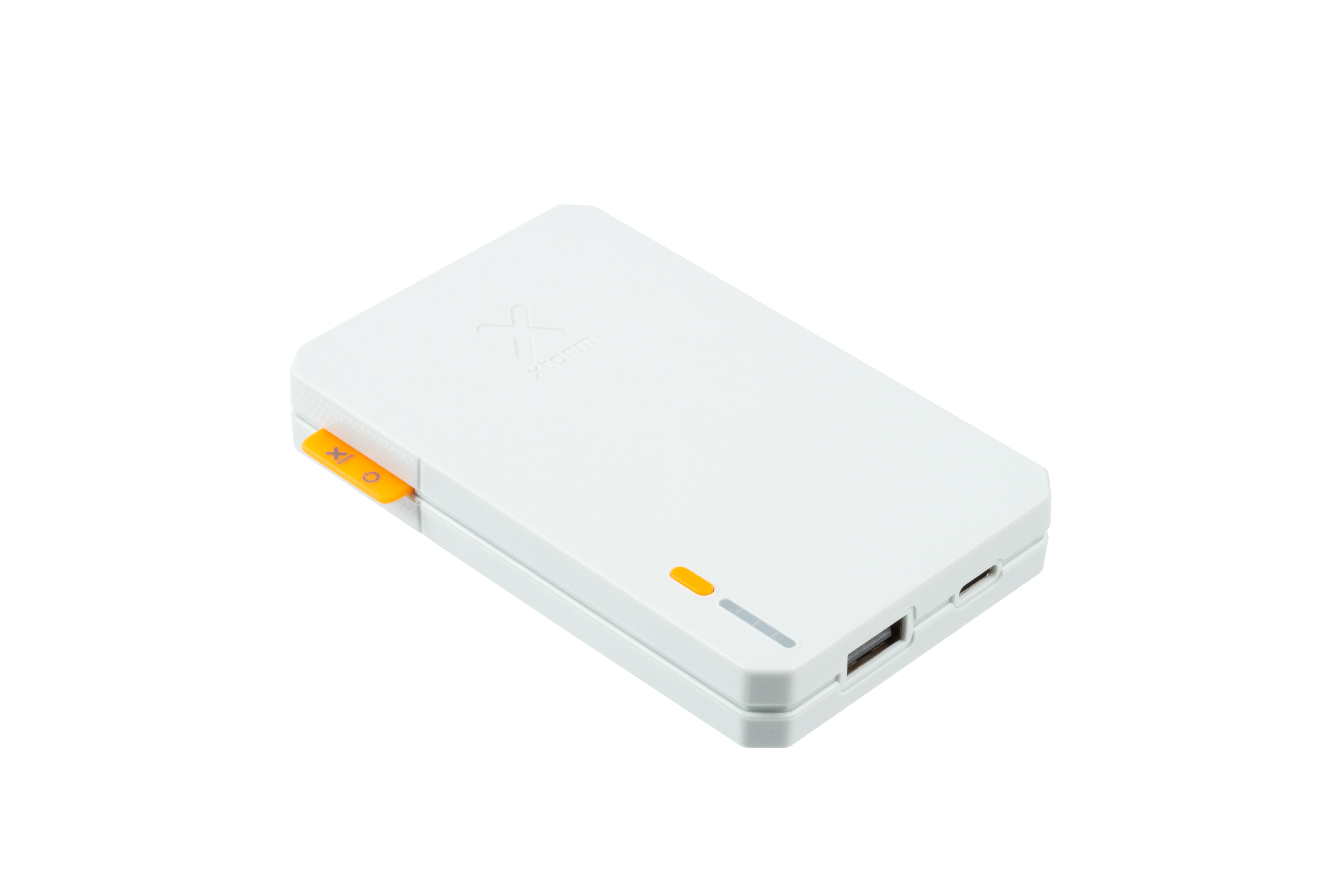 Weißes rechteckiges Gerät mit orangefarbenem Akzent, USB-Anschluss und LED-Anzeige.