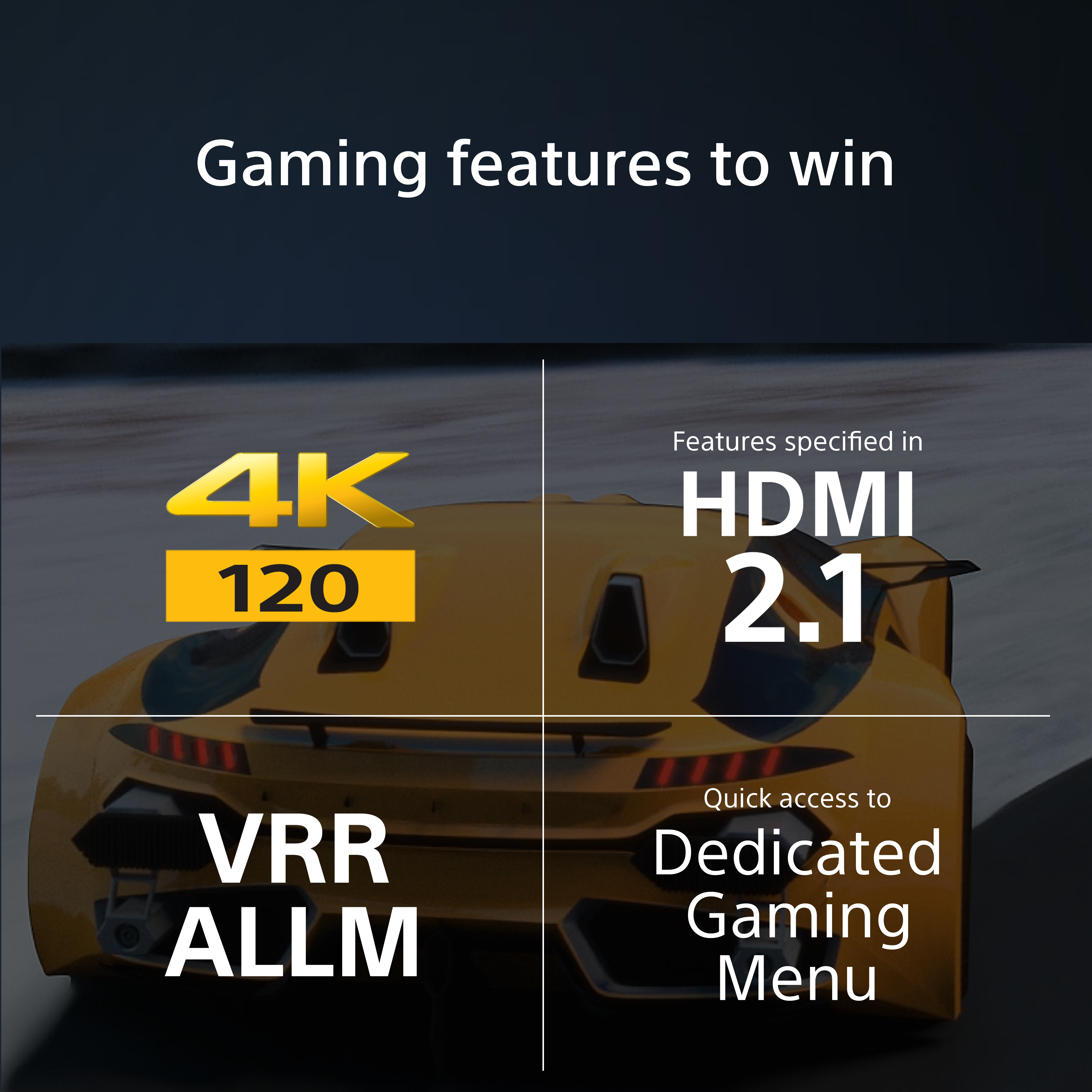 Bild mit Text: Gaming-Funktionen zum Gewinnen. Zeigt 4K 120, HDMI 2.1, VRR ALLM und ein dediziertes Gaming-Menü.