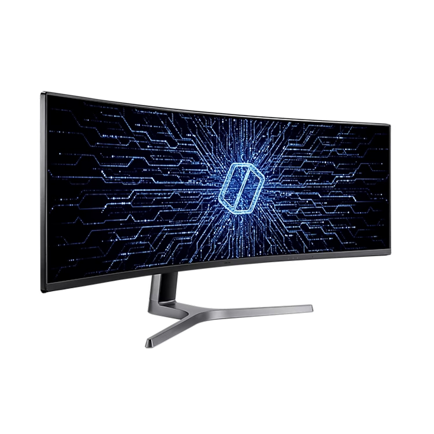 Gebogen computermonitor met een blauw printplaatontwerp op het scherm en een zilveren standaard.