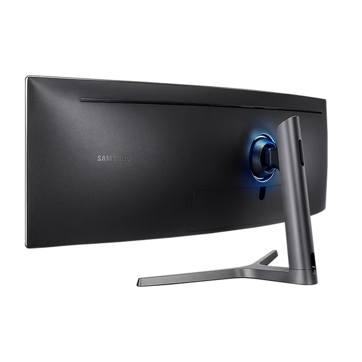 Achteraanzicht van een gebogen zwarte computermonitor met zilveren standaard en blauw licht.