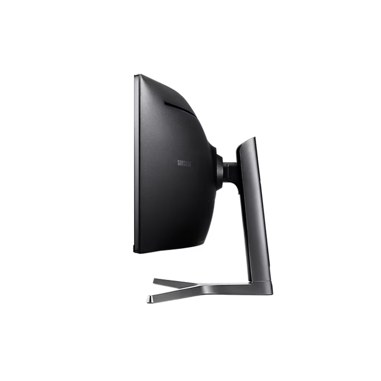 Zijaanzicht van een gebogen monitor met standaard.