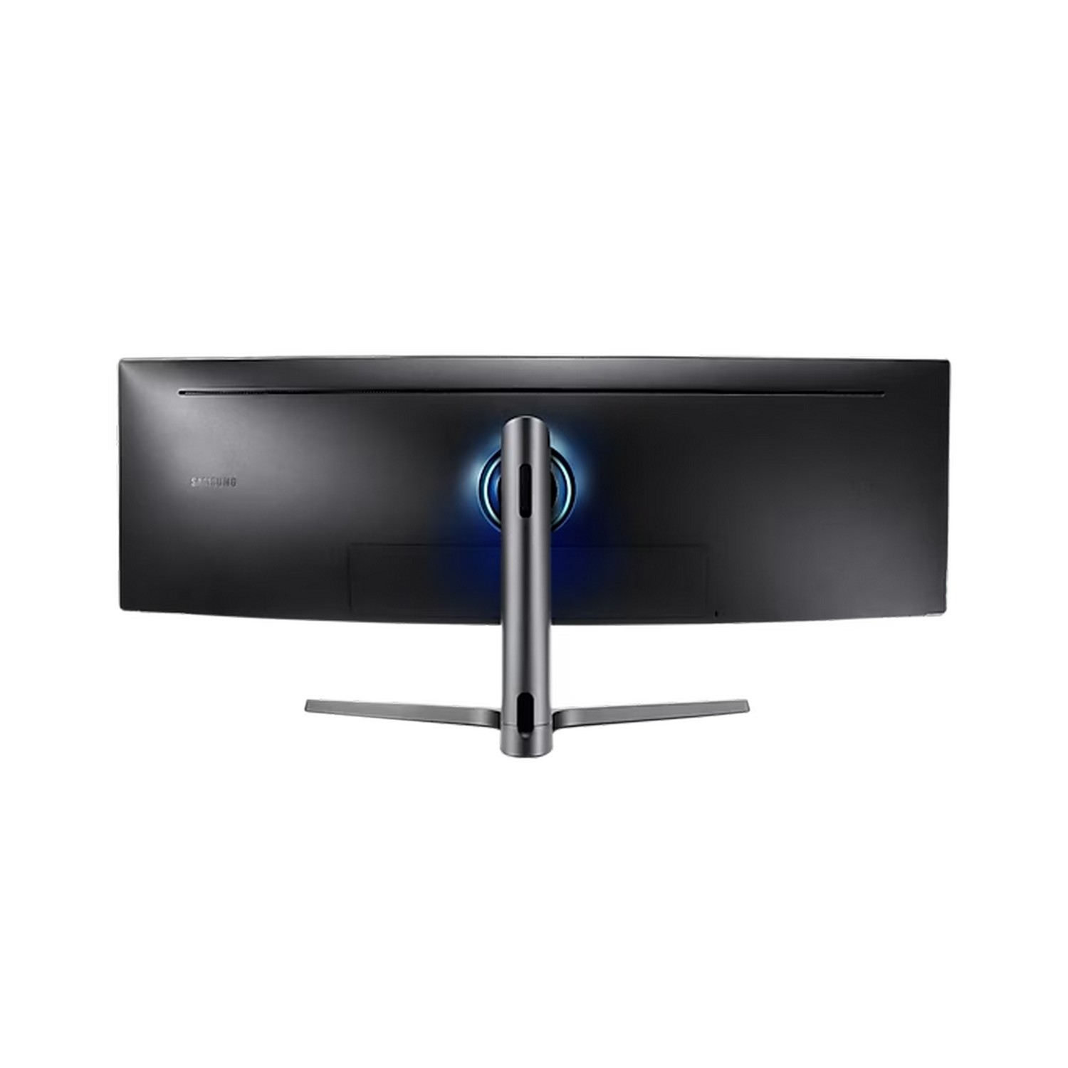 Achteraanzicht van een gebogen zwarte monitor. De standaard is zilver.