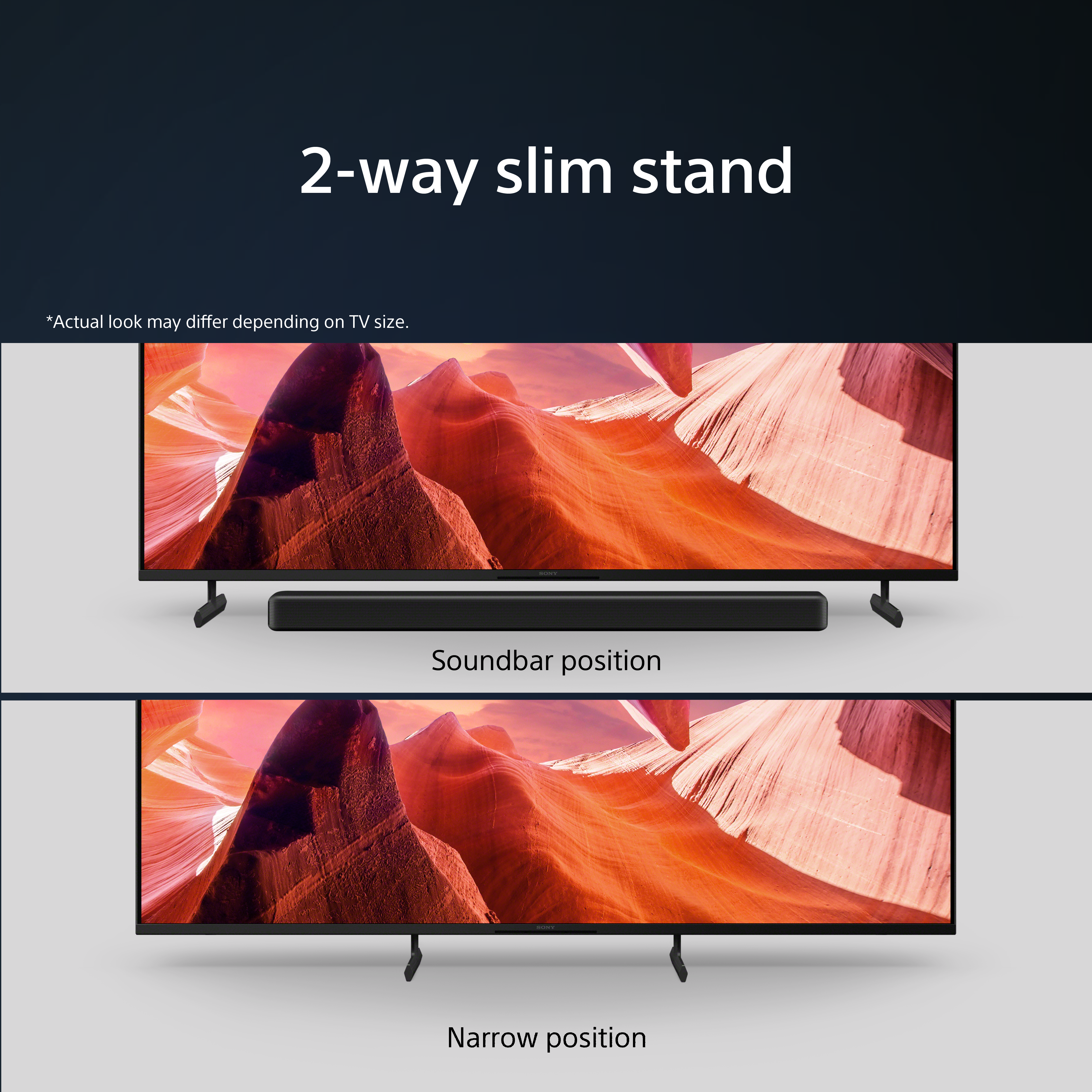 Due TV che mostrano la stessa immagine di paesaggio. Uno con soundbar, l'altro in posizione stretta.