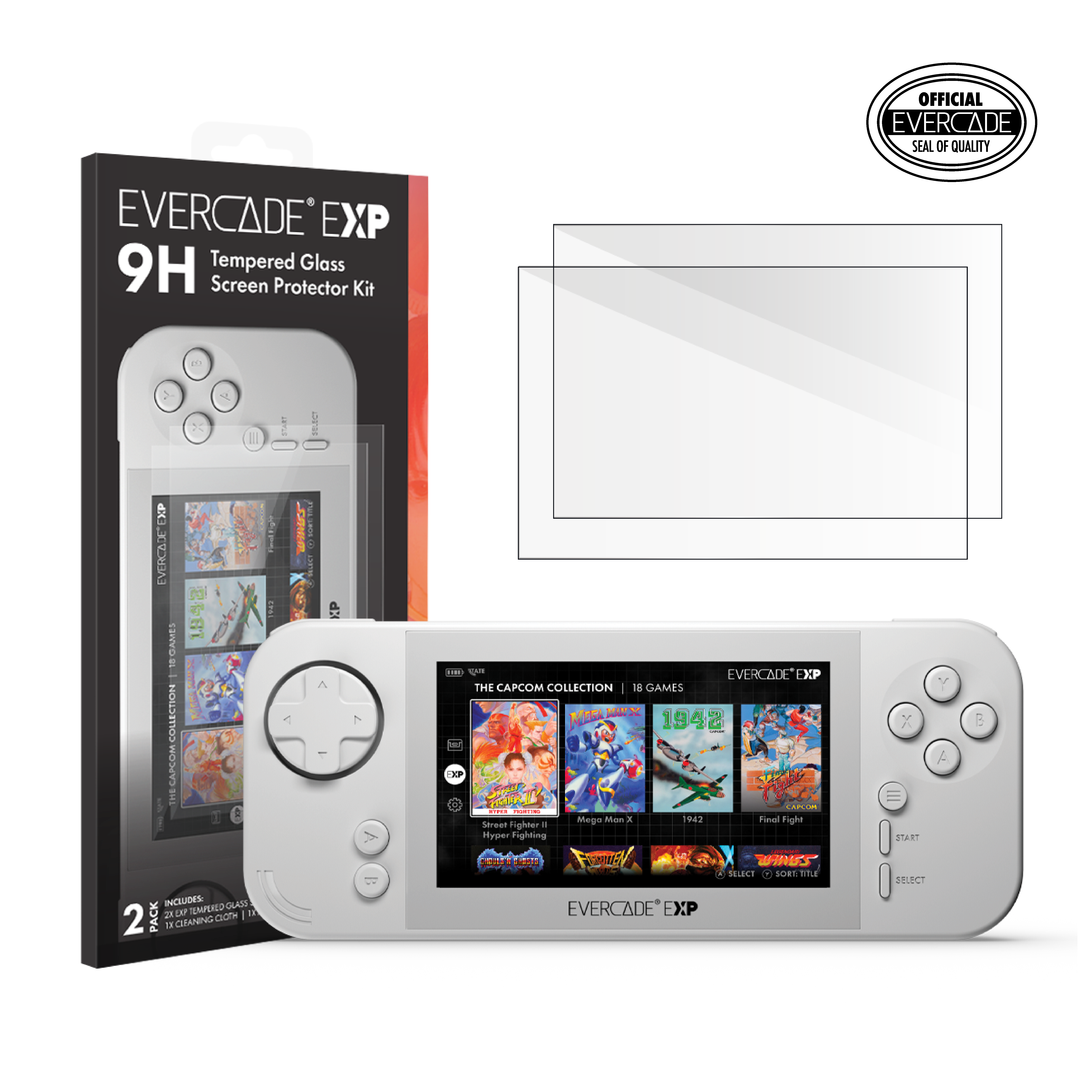 Weißes Gaming-Gerät mit Displayschutzfolien-Kit, weißer Hintergrund.