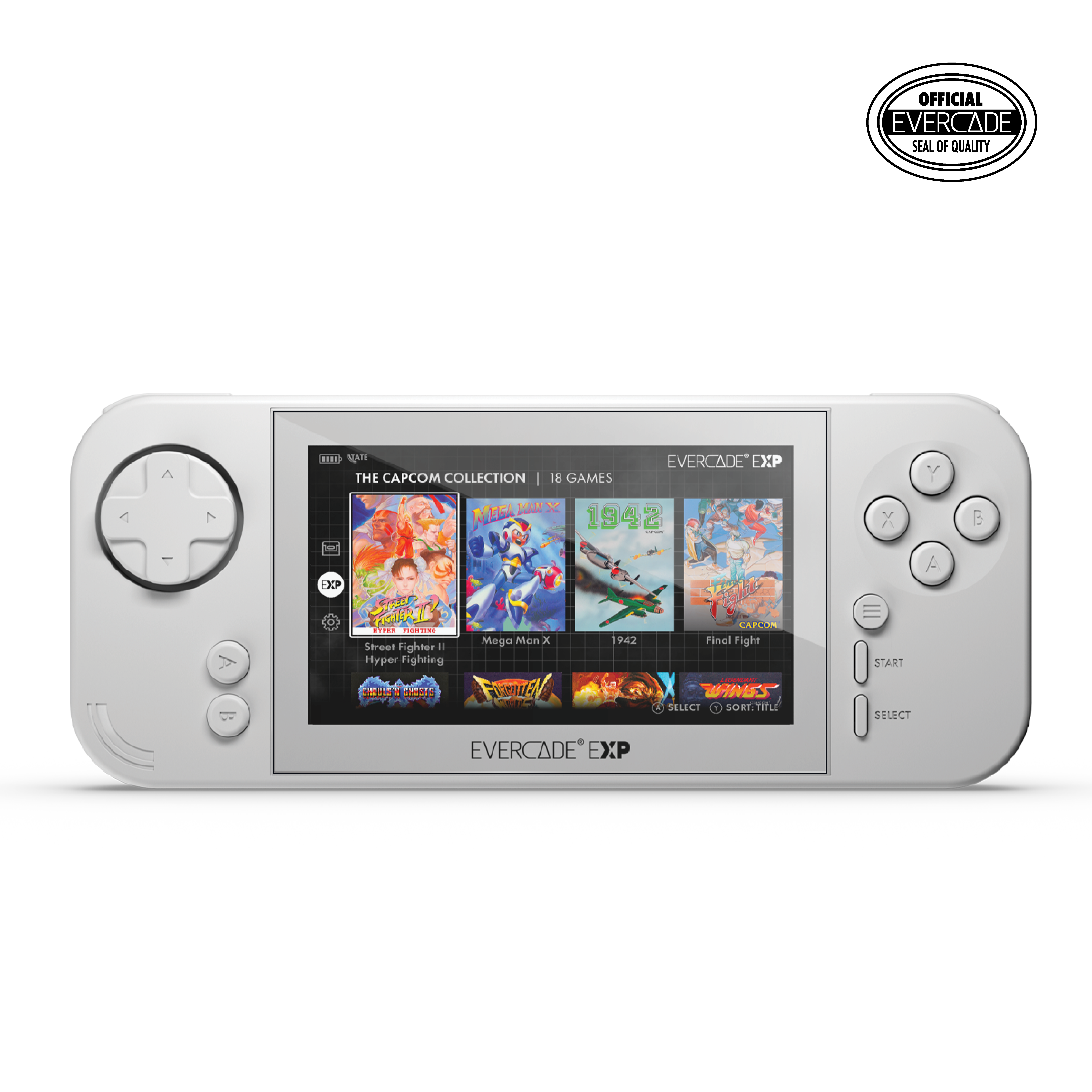 Weißer Handheld-Spielekonsolen, die Spielauswahl auf dem Bildschirm zeigt.