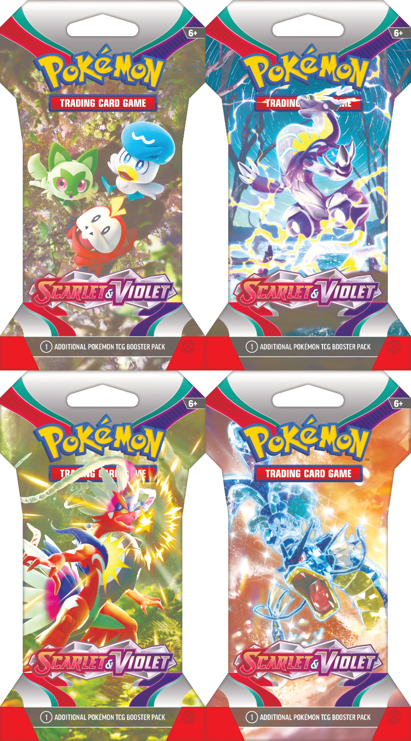 Vier Pokémon Scarlet & Violet booster packs, met levendige kleuren en karakterkunst.