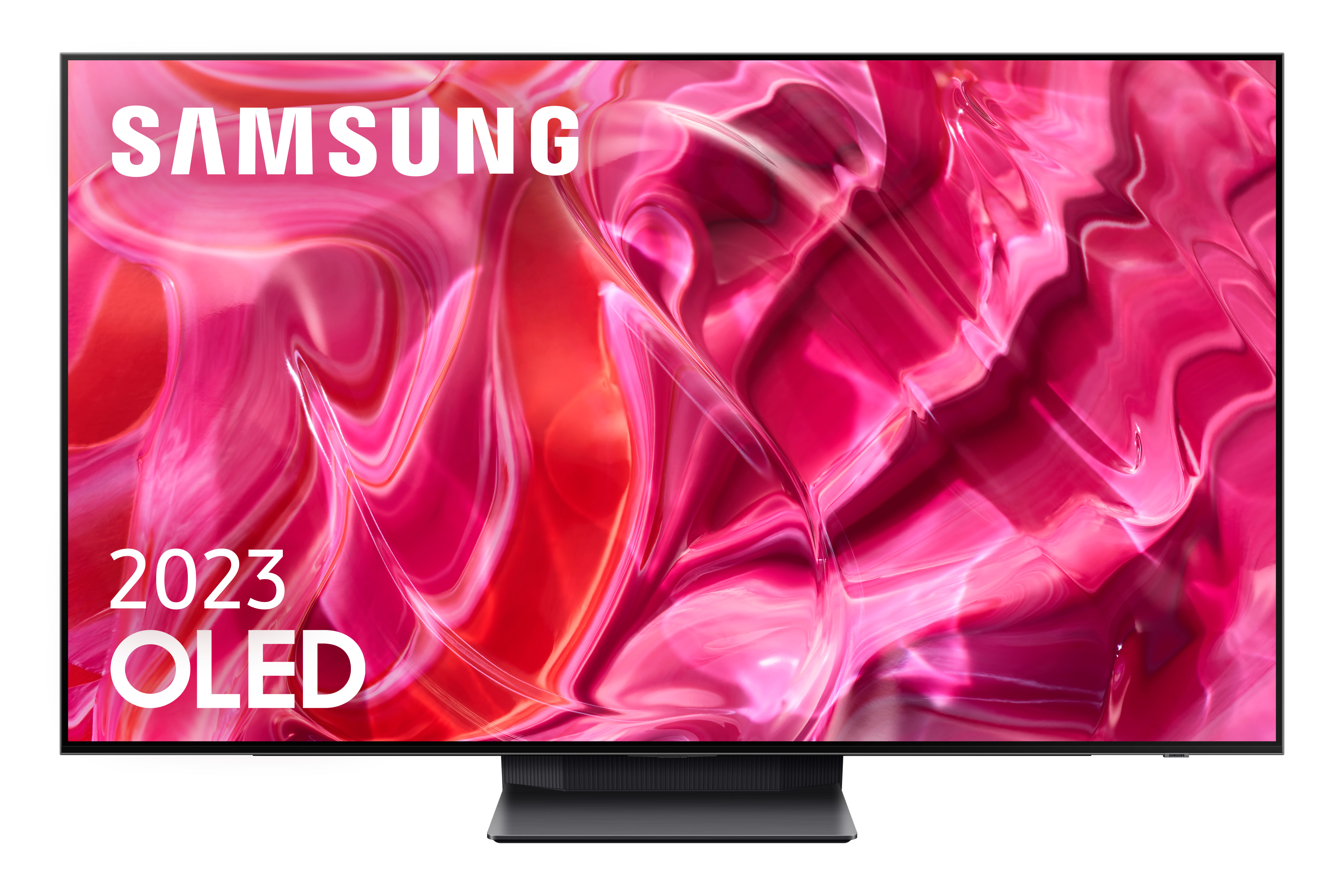 TV OLED Samsung 2023. Fondo rojo y rosa.