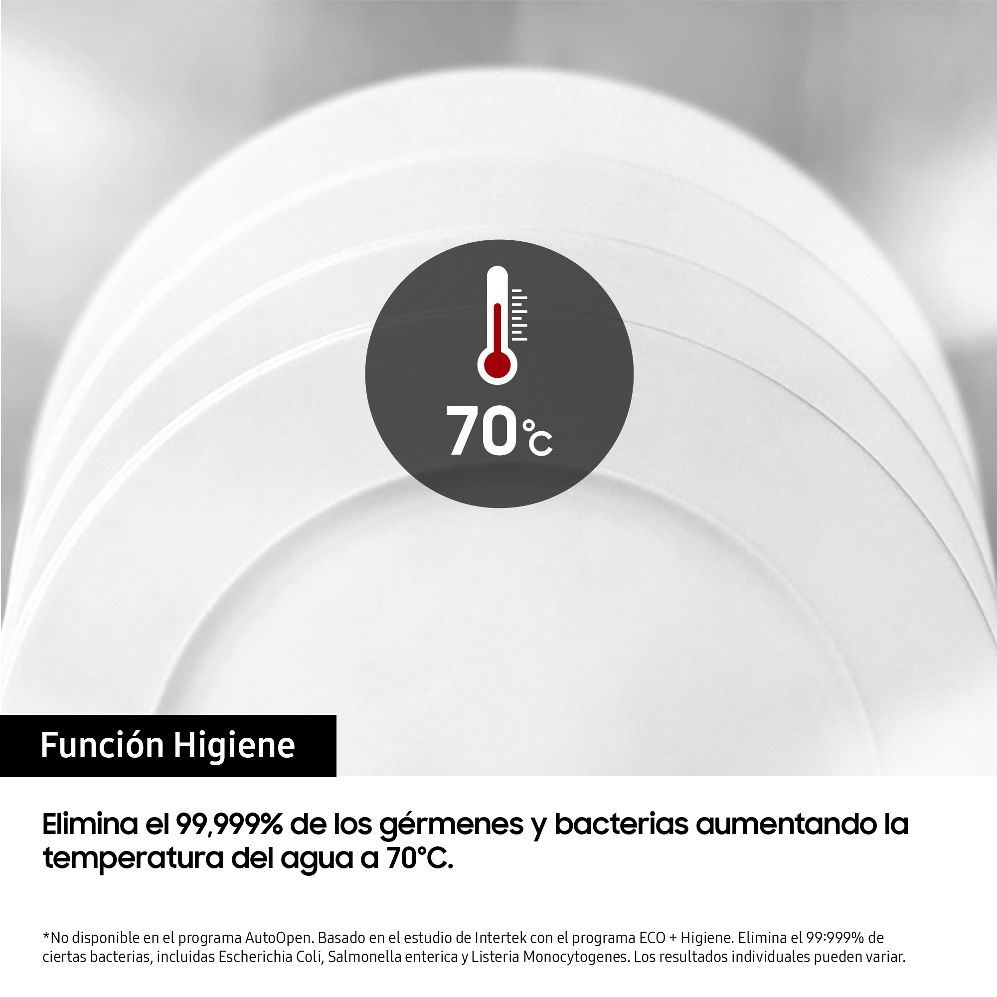 Plato blanco con un icono de termómetro que indica 70°C, indicando higiene.