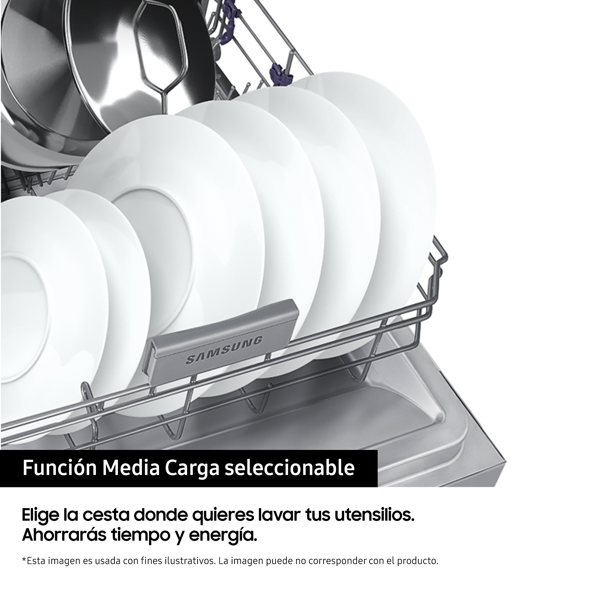 Interior de lavavajillas con platos blancos apilados. Texto: 'Media Carga'.