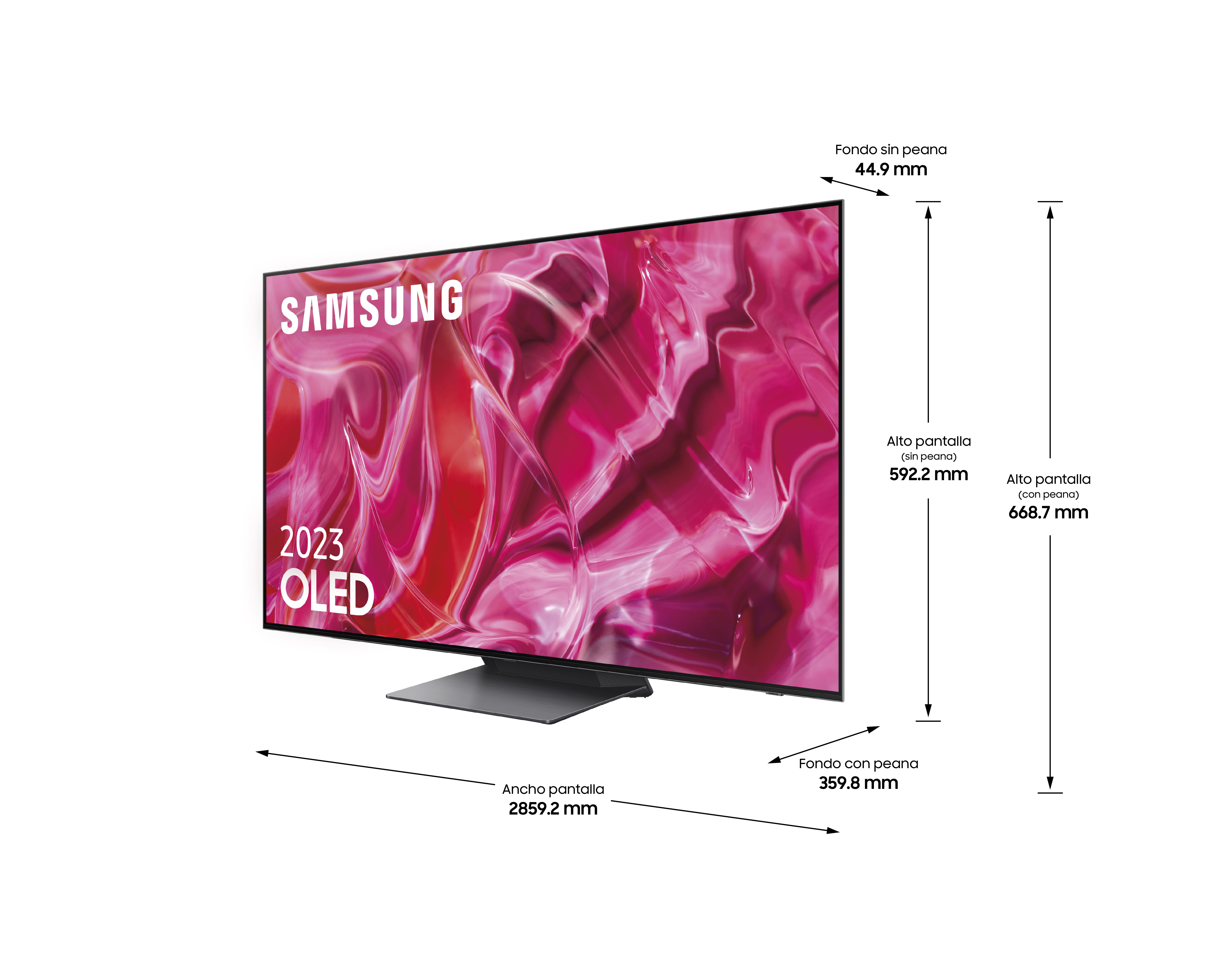 TV con pantalla curva con dimensiones en español. Texto etiqueta las dimensiones.