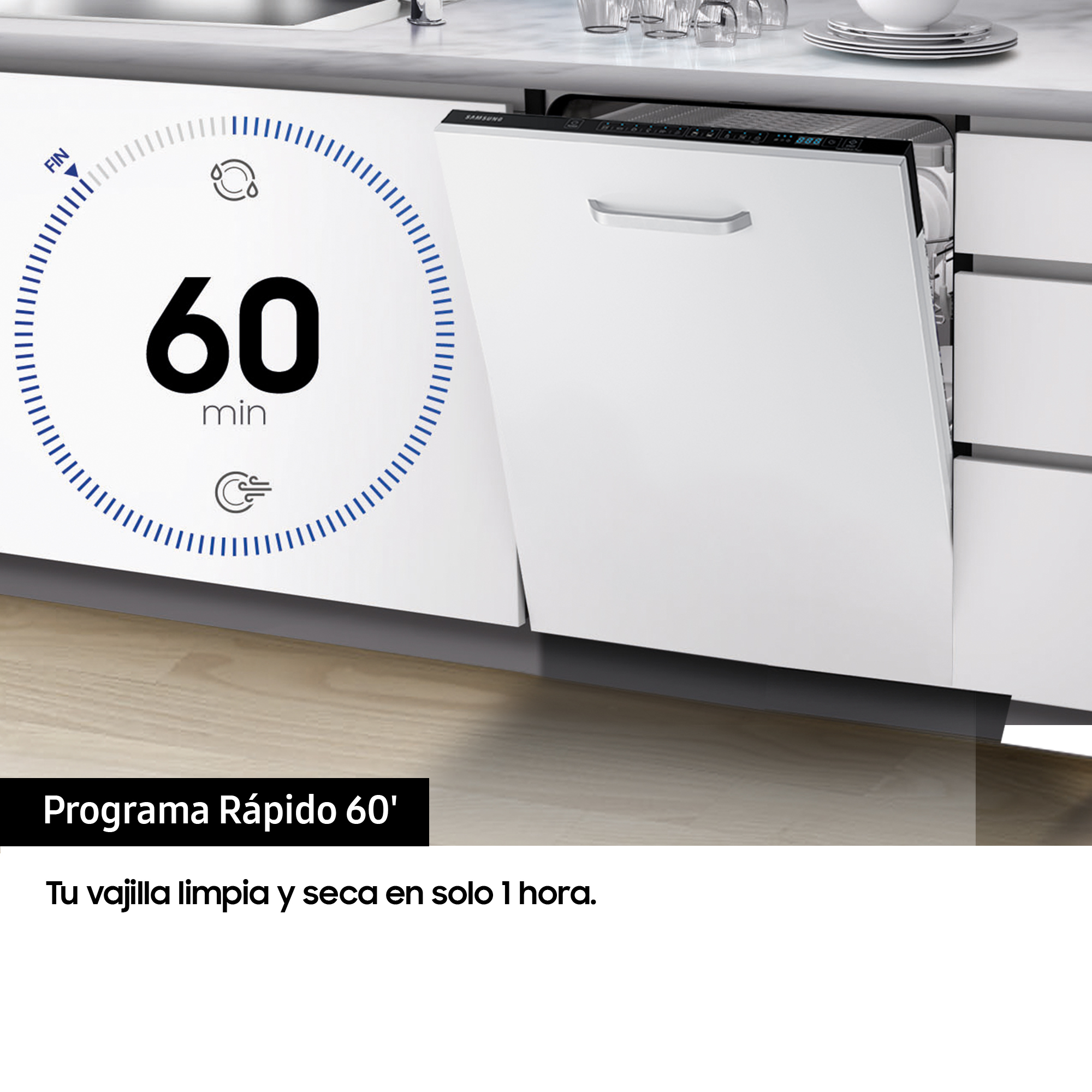 La puerta del lavavajillas está abierta, texto y temporizador a la izquierda.