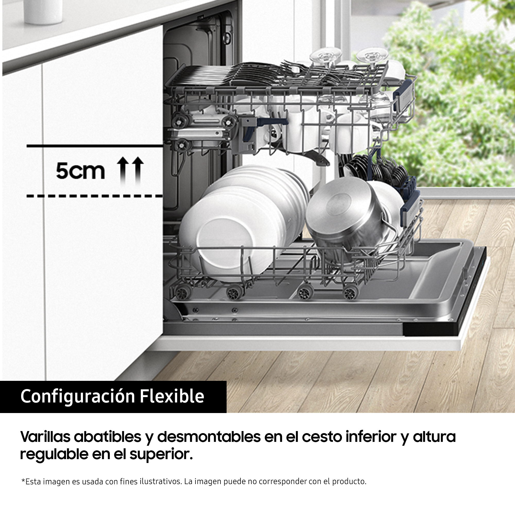 Interior de lavavajillas con platos y ollas, texto sobre cestas ajustables.
