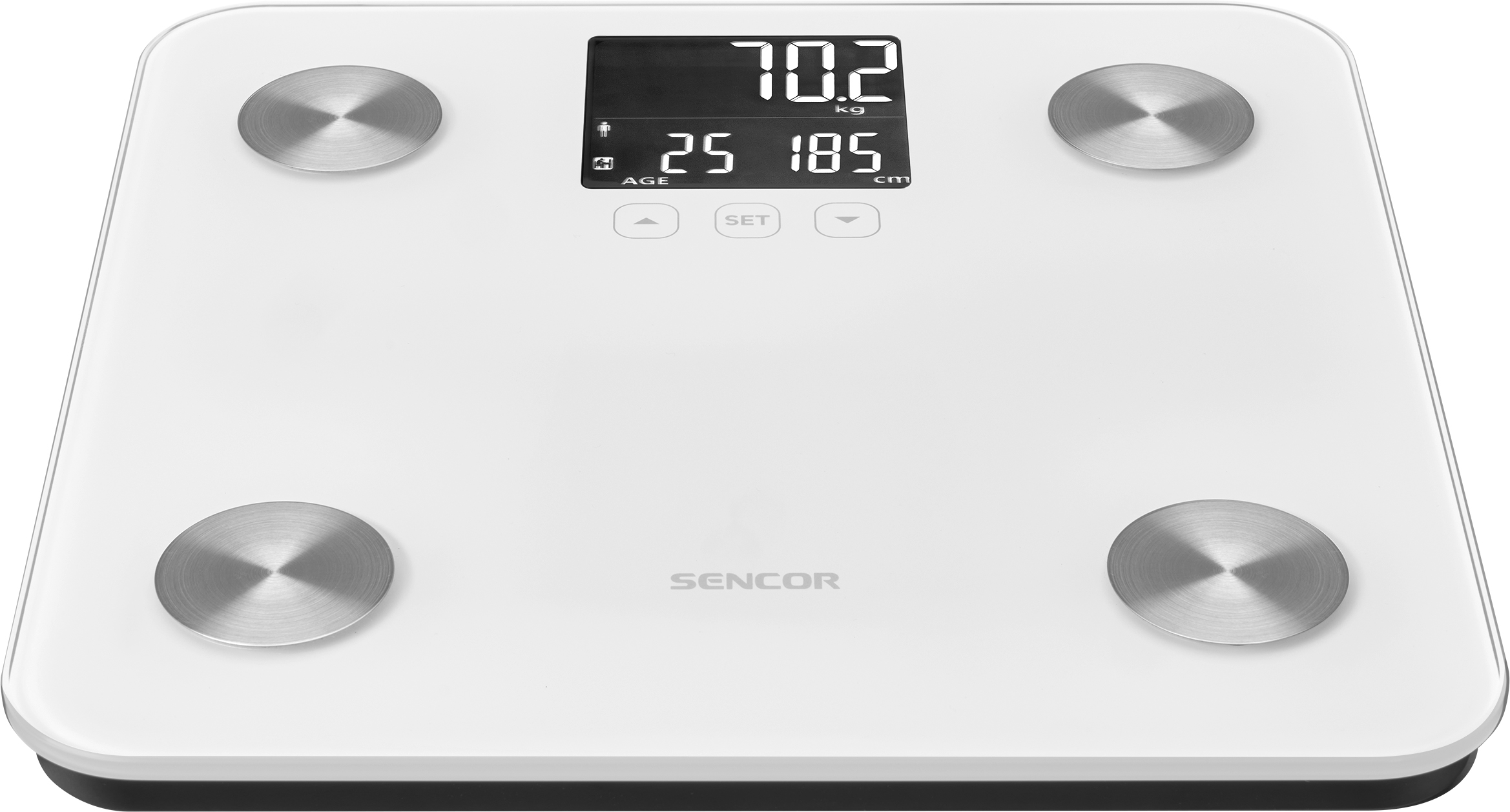 Fehér digitális mérleg. 70,2 kg, 25 év, 185 cm. Négy ezüst színű sarok.