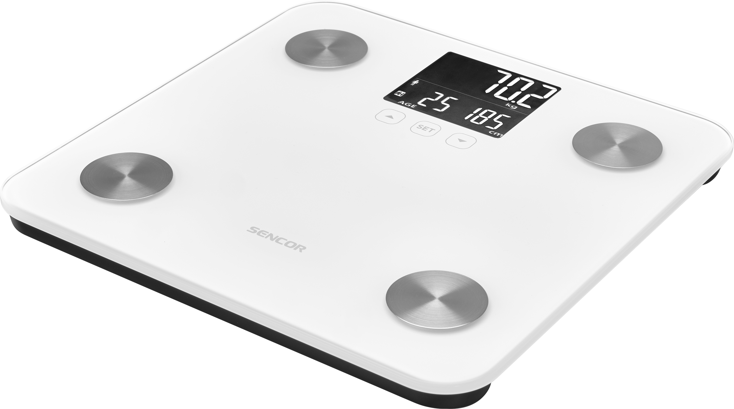 Fehér digitális mérleg négy ezüst párnával és digitális kijelzővel. Súlyt és BMI-t jelenít meg.