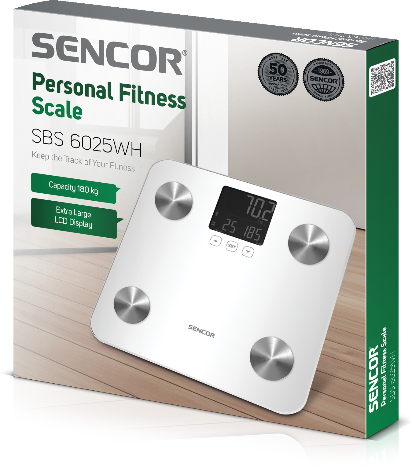 Fehér Sencor személyi fitneszmérleg doboz. A mérleg 70,2 kg-ot mutat. Nagy LCD kijelzővel és 180 kg kapacitással rendelkezik.