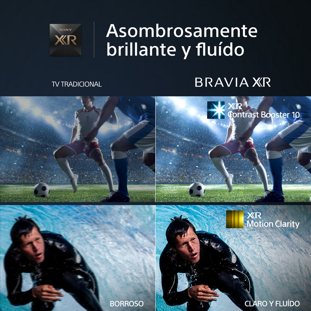Jugadores de fútbol en acción en un campo verde, con dos ejemplos de visualización en pantalla.