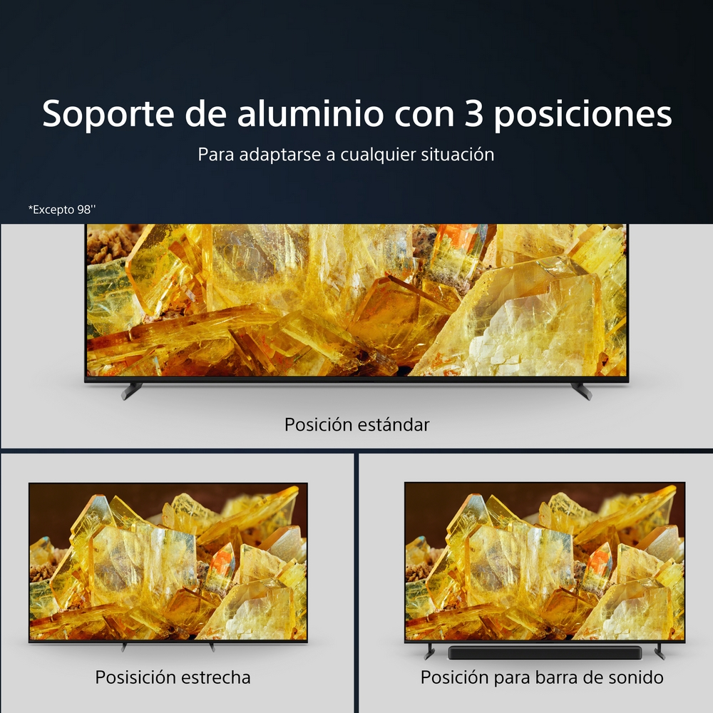 Pantalla de TV en tres posiciones con texto.
