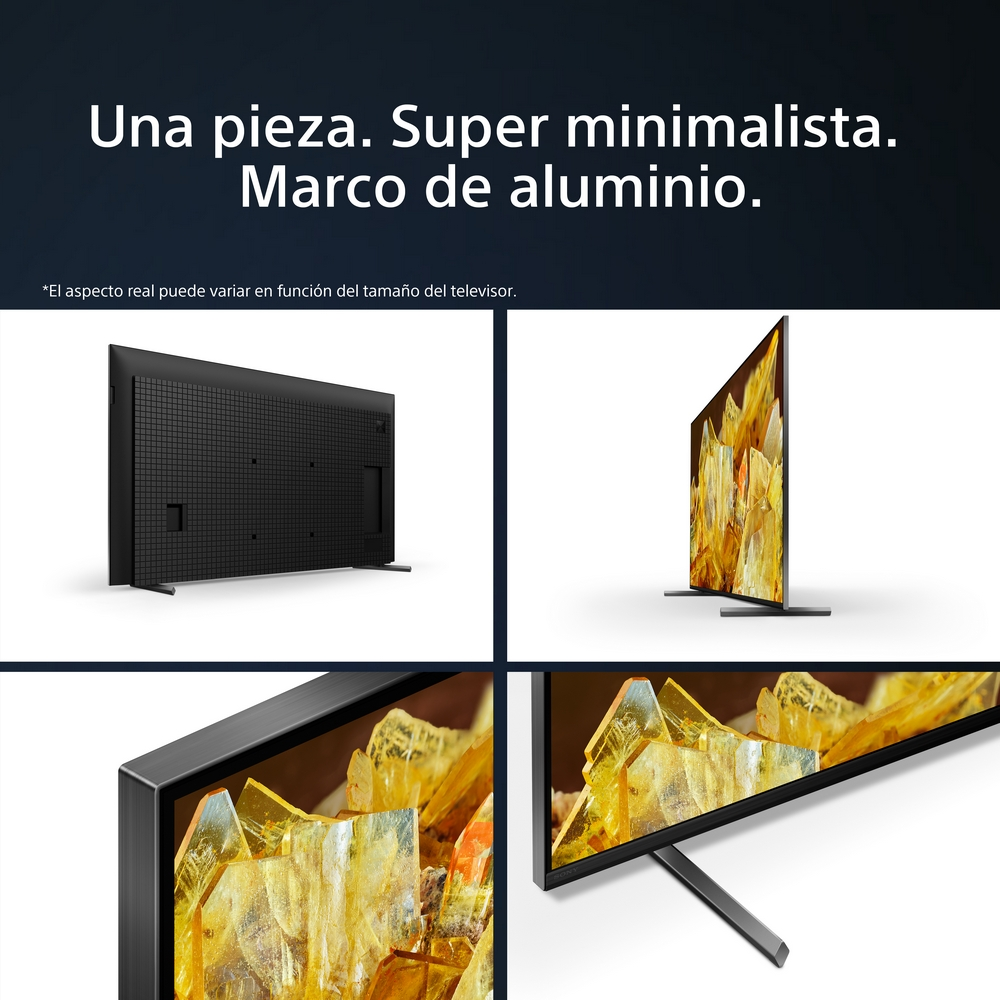 Una pantalla de TV con marco negro y soporte, mostrando diferentes vistas.