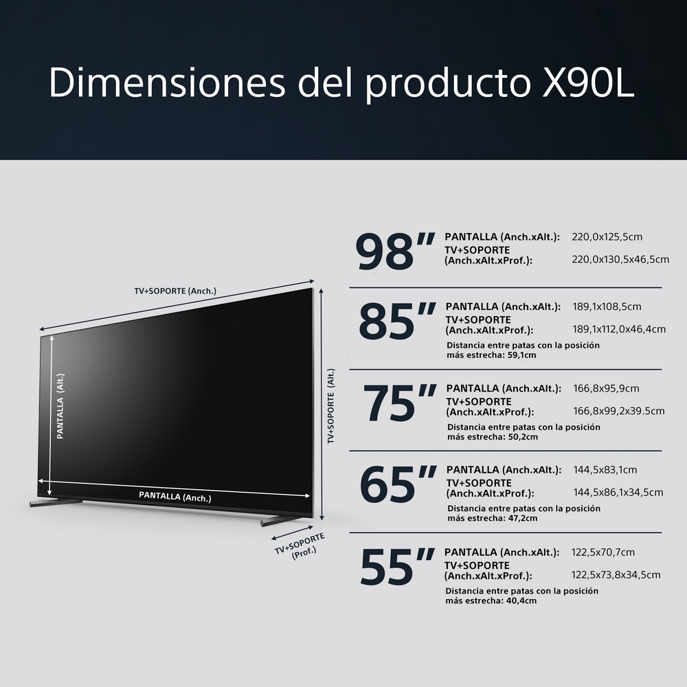 Diagrama que muestra las dimensiones del televisor, incluidos los tamaños de pantalla y las medidas en español.