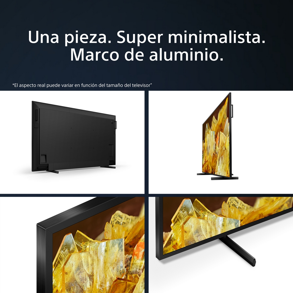 Imágenes de un televisor que muestra sus características: diseño elegante, marco de aluminio y vista lateral del soporte.