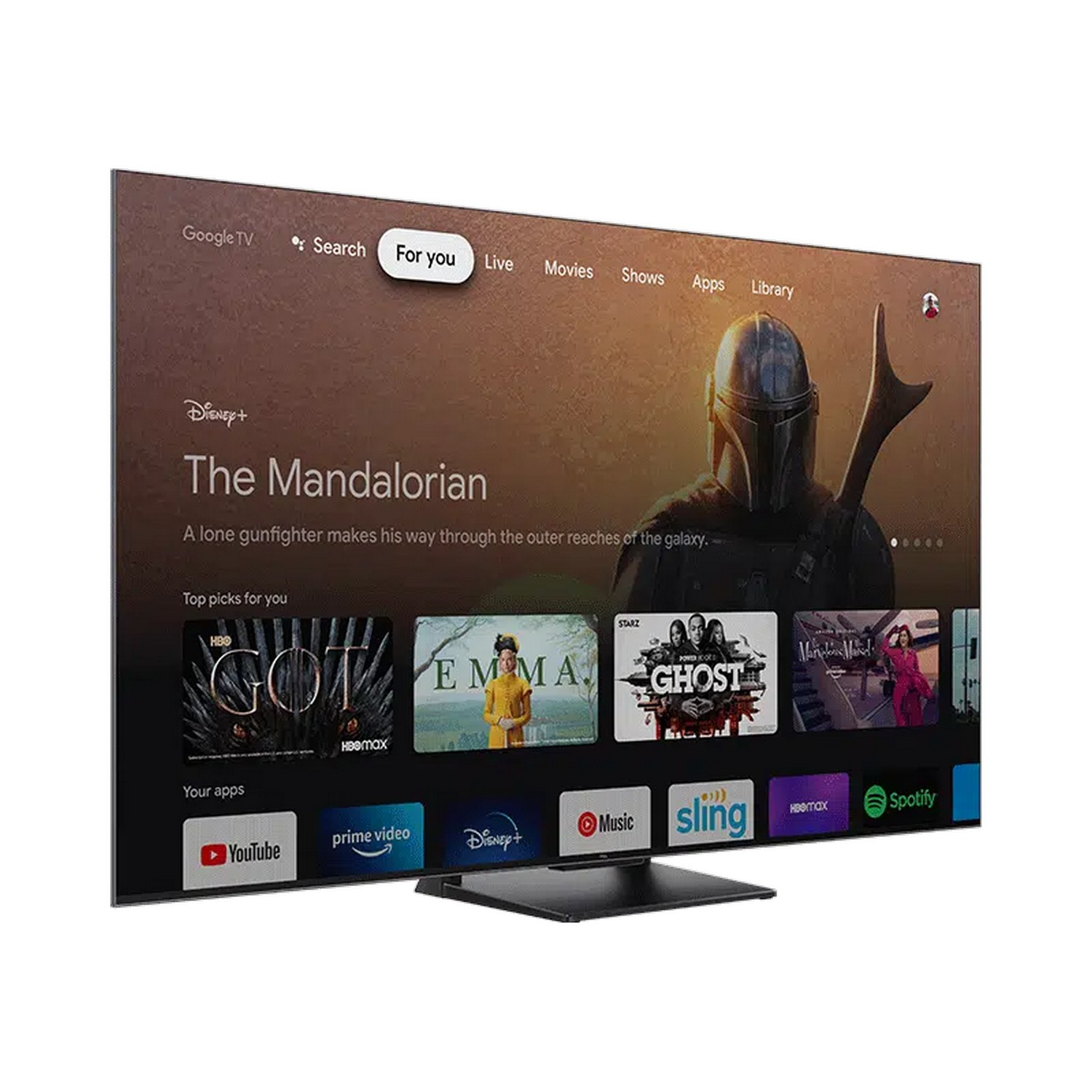 Een moderne tv toont een streaming service-interface, met filmopties, met een man in harnas op het scherm.