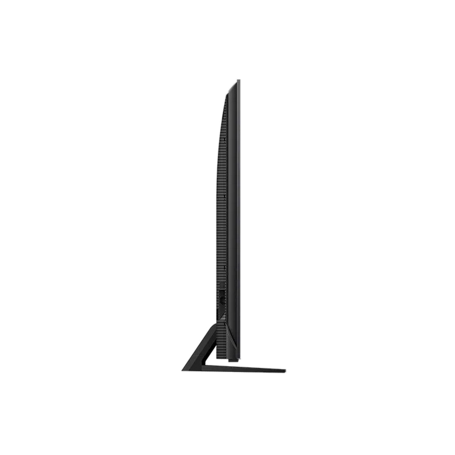 Een zwarte tv, zijaanzicht. Hij staat op een standaard met een strak, minimalistisch design.