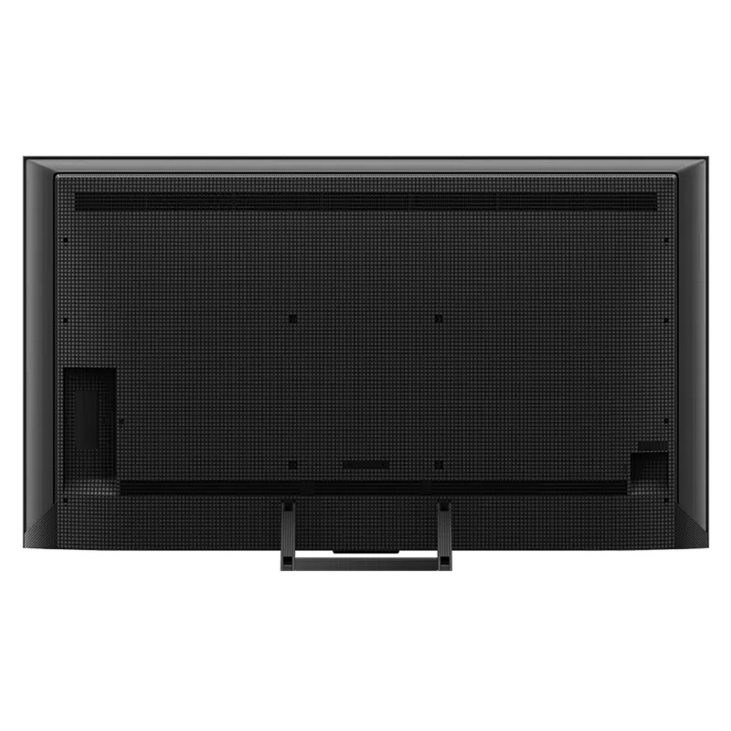 De achterkant van een zwarte tv, met een getextureerd oppervlak, connectoren en een stand.