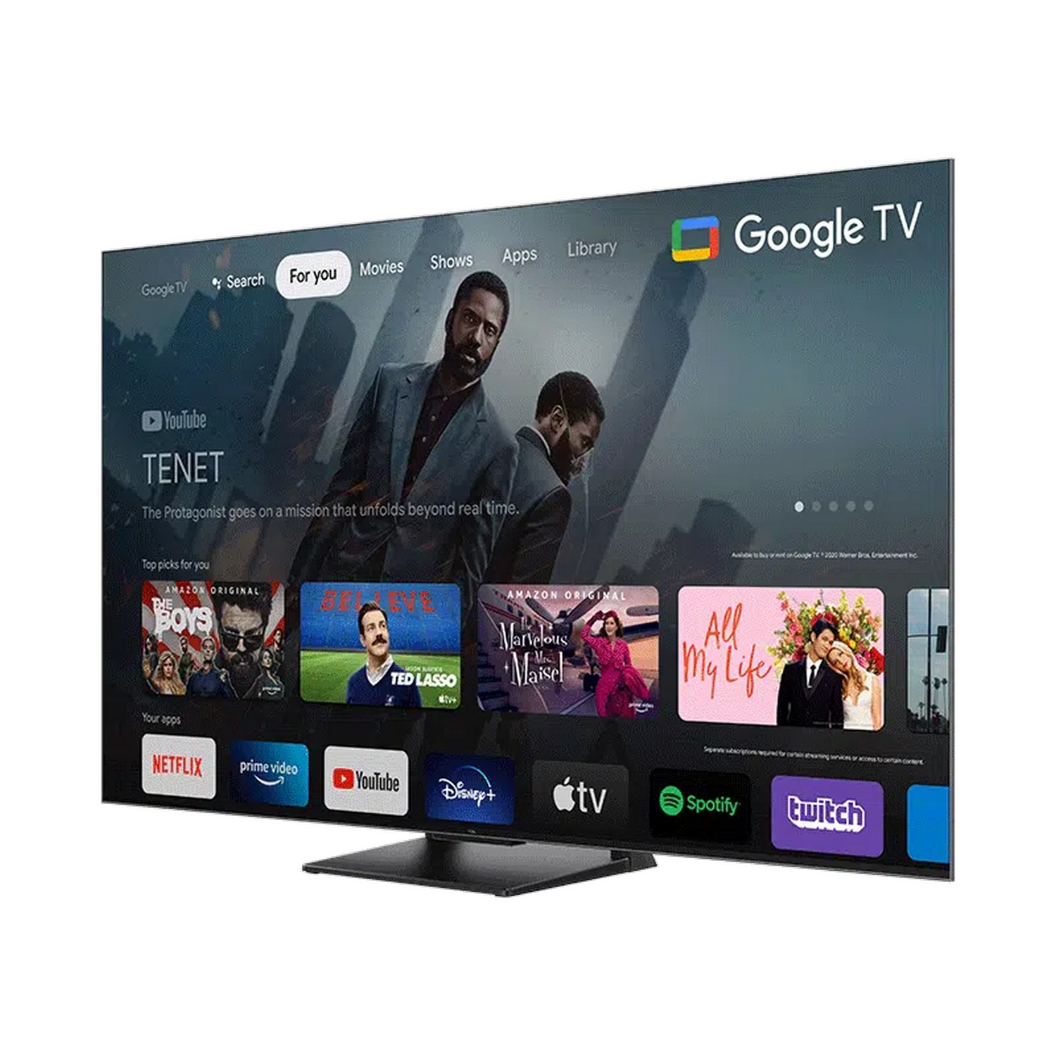 Groot Google TV-scherm toont films en apps. Toont een scène uit de film Tenet.