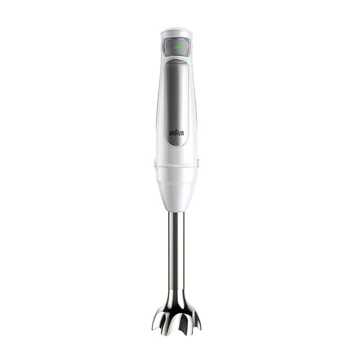Un frullatore a immersione Braun bianco con un albero di miscelazione metallico, isolato su sfondo bianco.