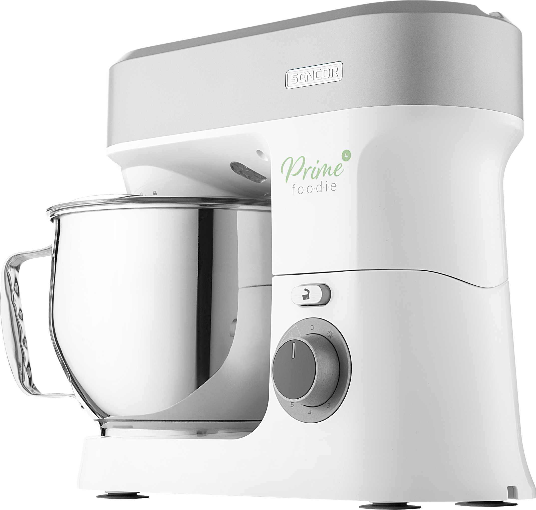 Fehér és szürke robotgép tálal. A márka: 'SENCOR', a termék neve: 'Prime foody'.