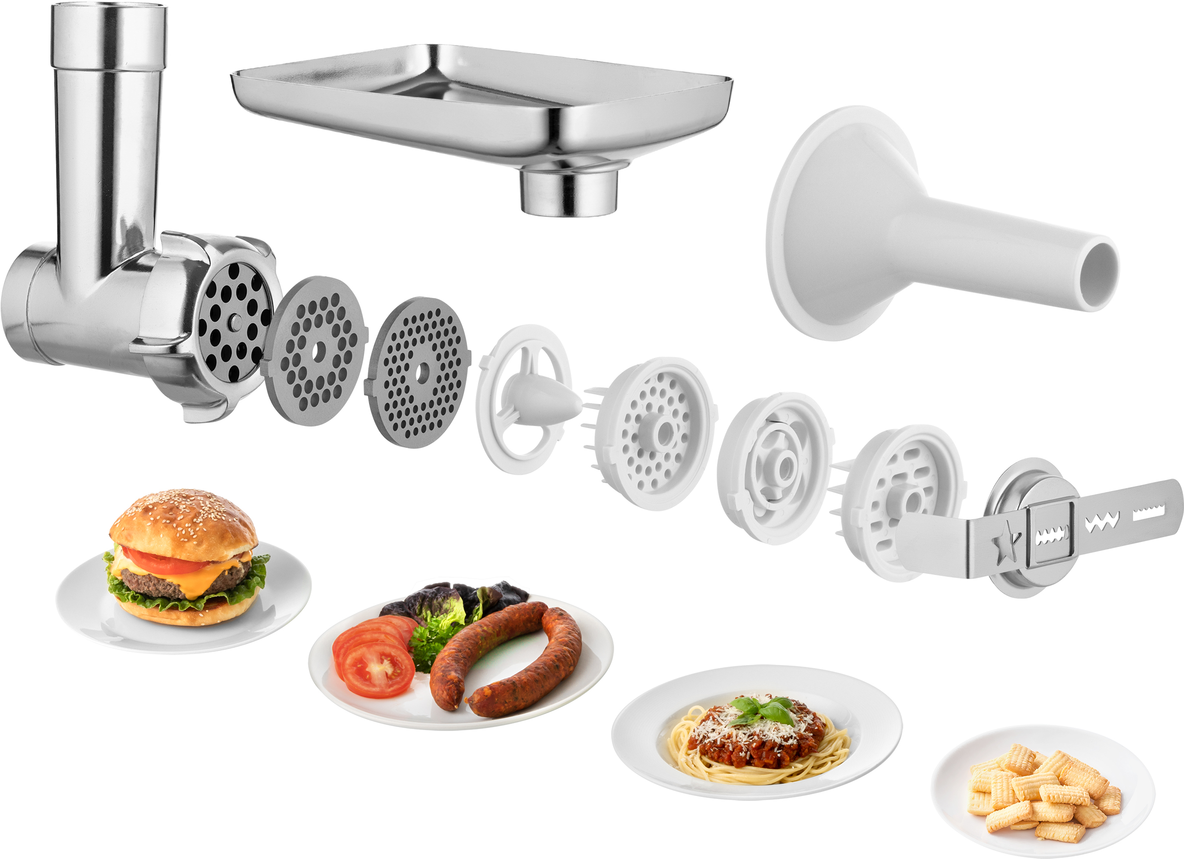 Húsdaráló különböző részei, ételekkel tálalva: hamburger, kolbász és tészta.