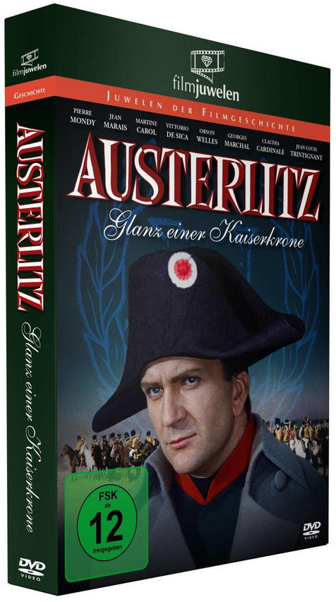 DVD-Box von 'Austerlitz'. Das Cover zeigt einen Mann mit Hut und eine Menschenmenge von Soldaten im Hintergrund.