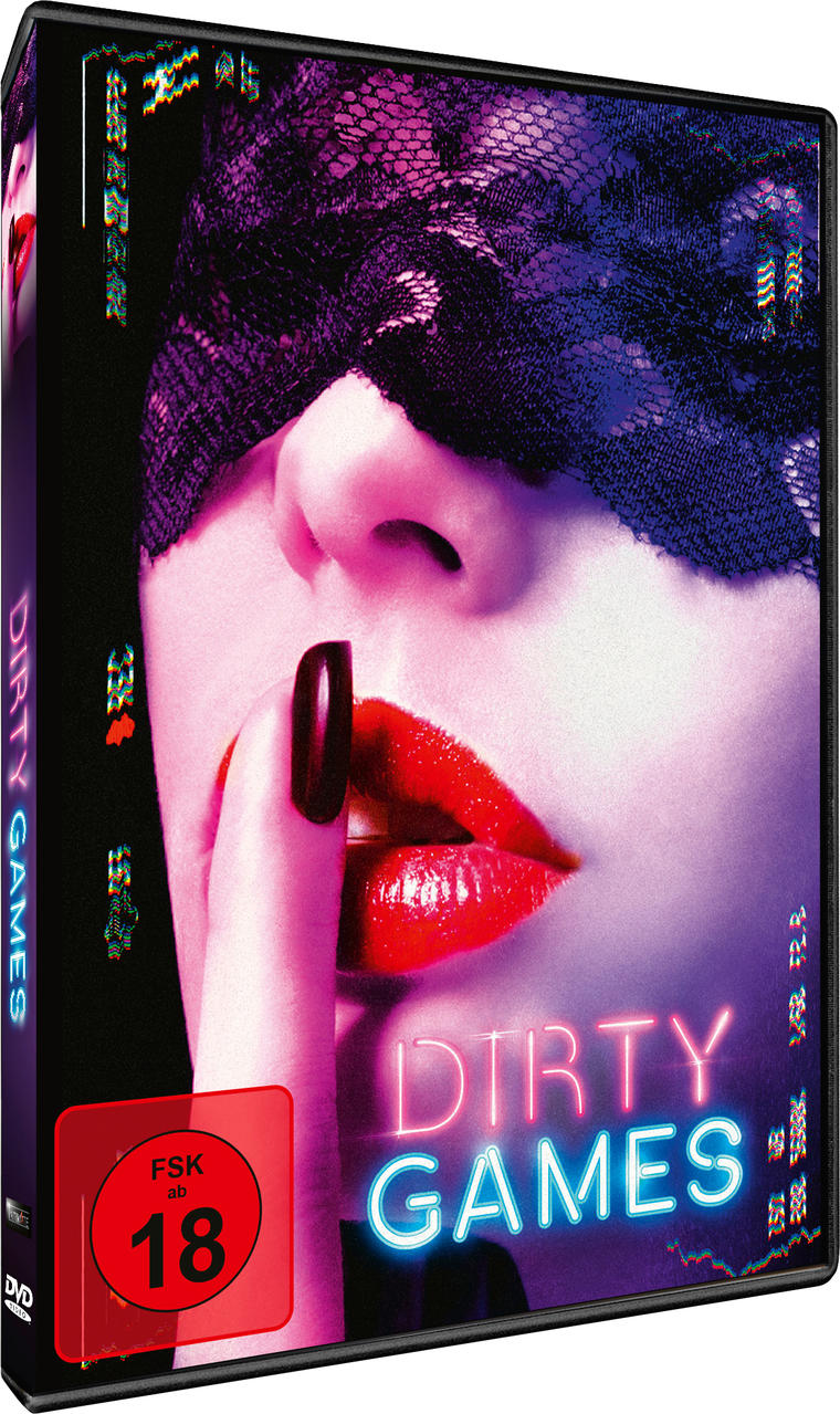 DVD-Cover: Frau mit Spitzenmaske, Finger an den Lippen, Neon-Schriftzug "DIRTY GAMES".