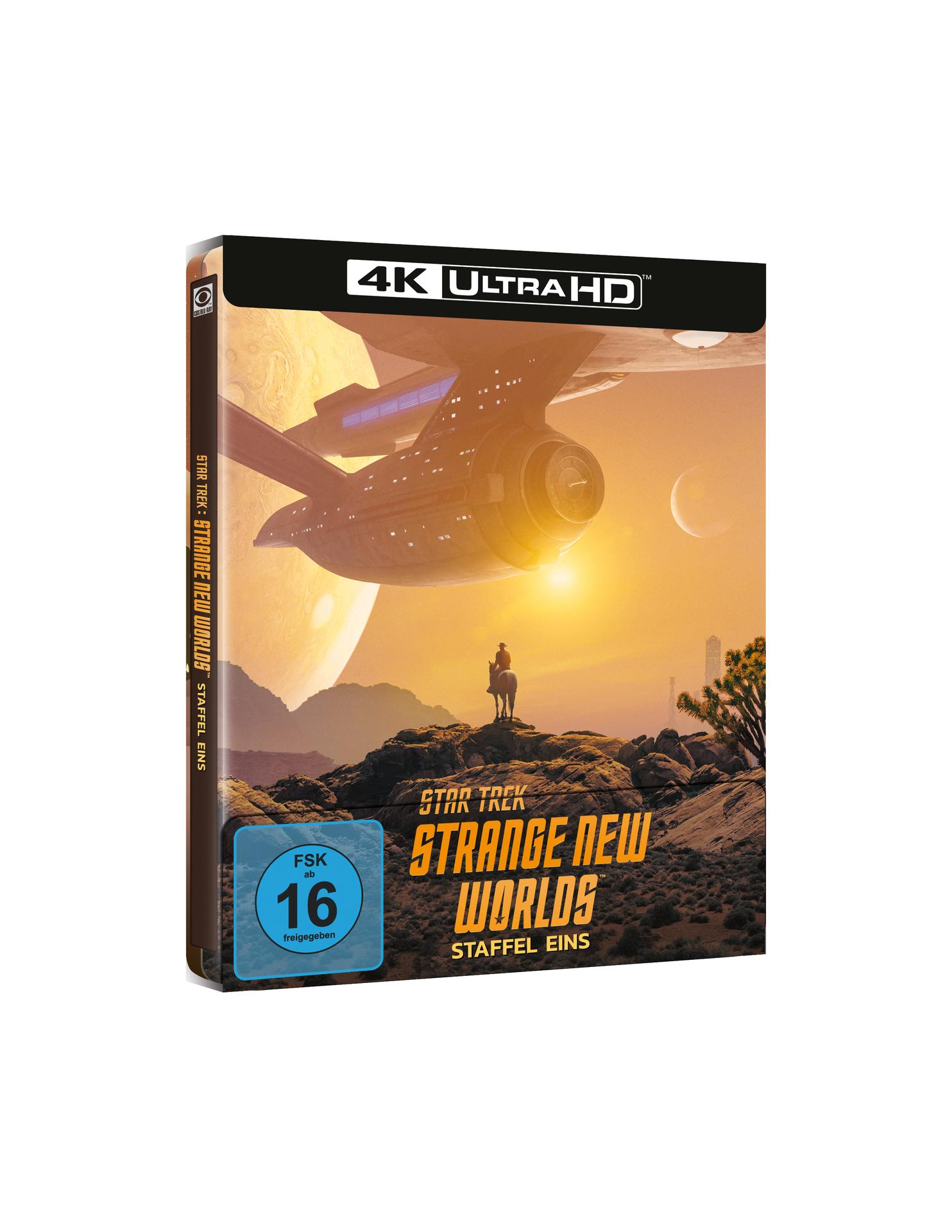 4K Ultra HD Blu-ray Disc von Star Trek. Bild von Raumschiff und Figur auf Planet.