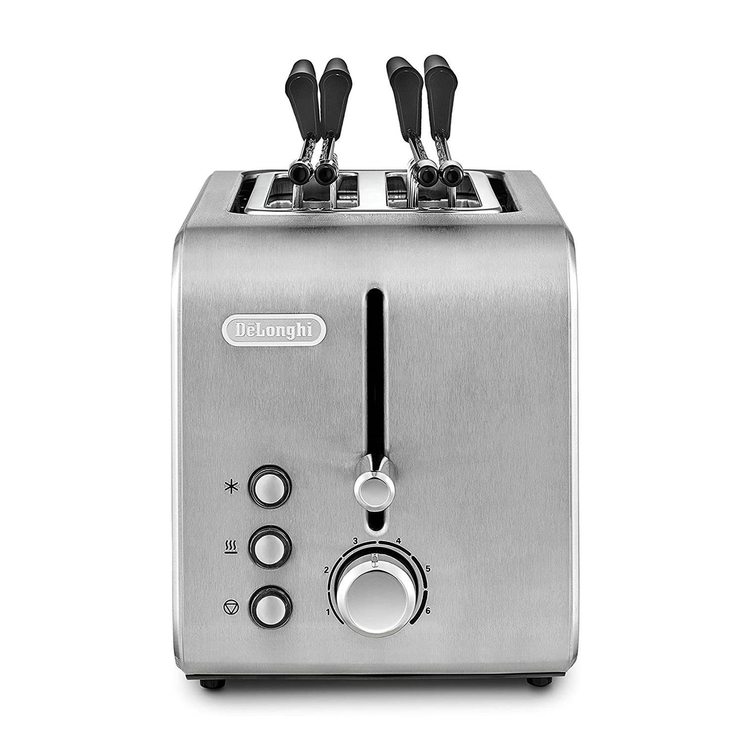 Un tostapane DeLonghi argentato con pulsanti di controllo e un quadrante. Due fette di pane nelle fessure.