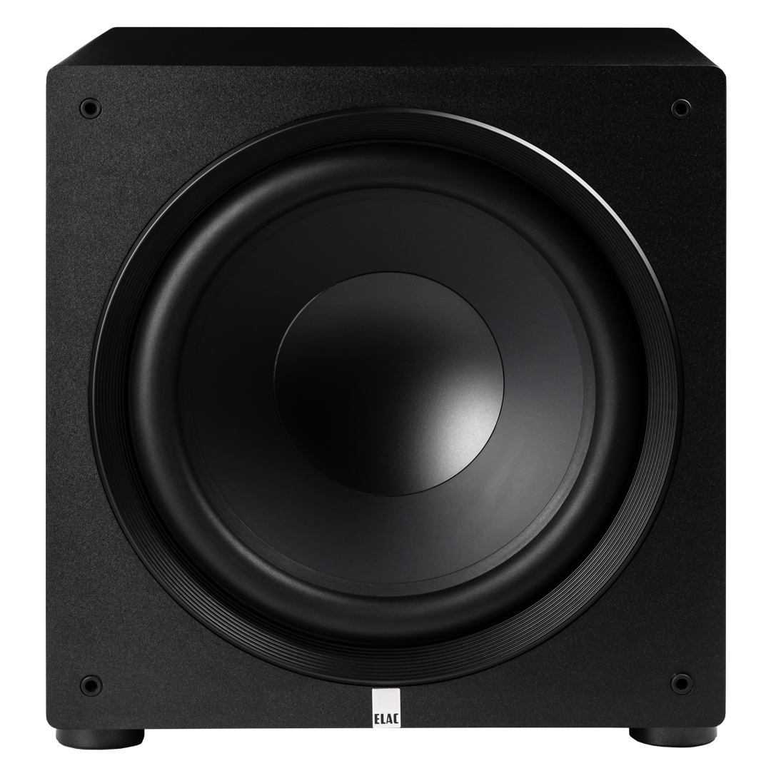 Ein schwarzer Subwoofer mit zentralem Lautsprecher und schwarzem Hintergrund.