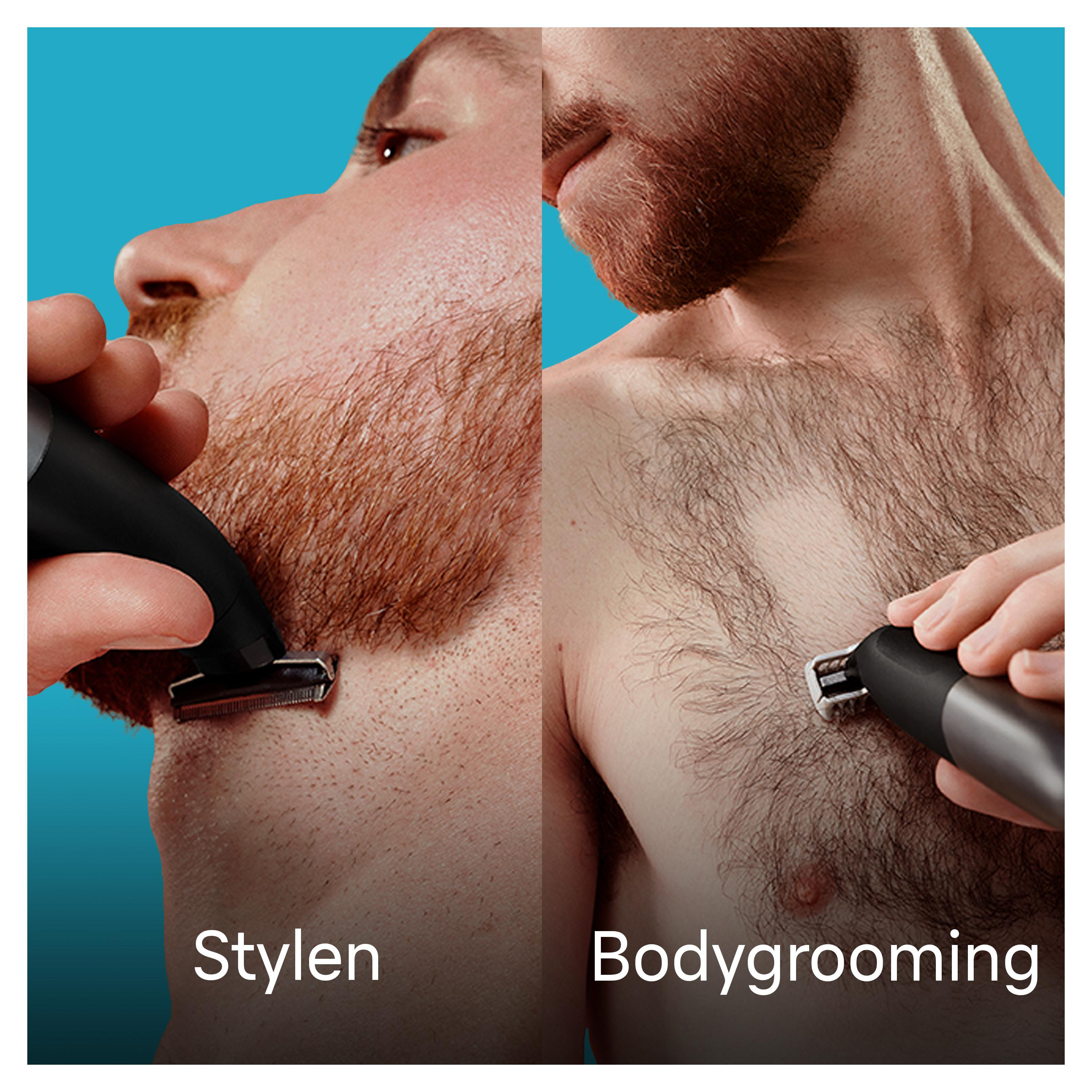 Ein Mann rasiert seinen Bart und Körper. Stylen und Bodygrooming Etiketten sind sichtbar.