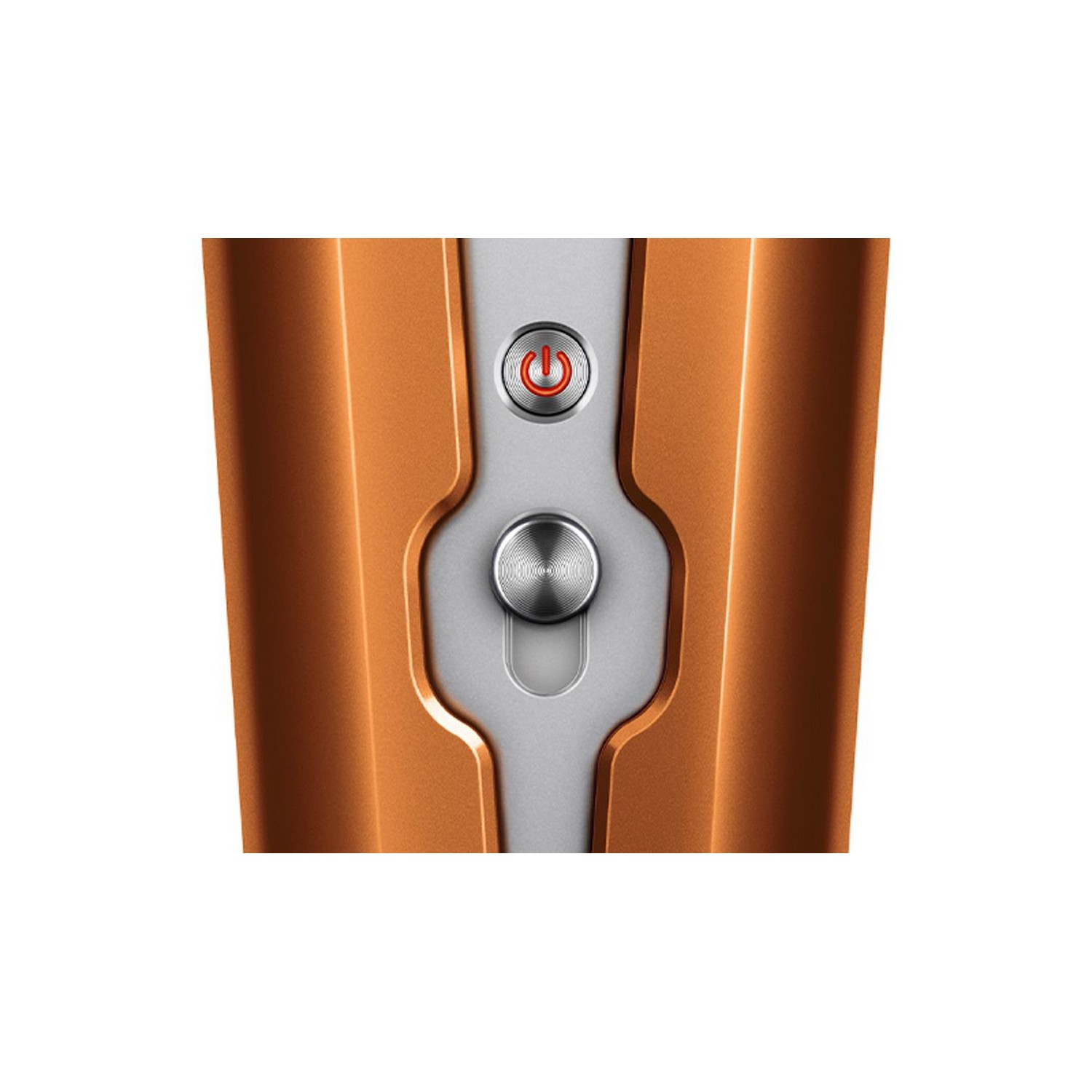 Close up of a power button. The background is copper color.