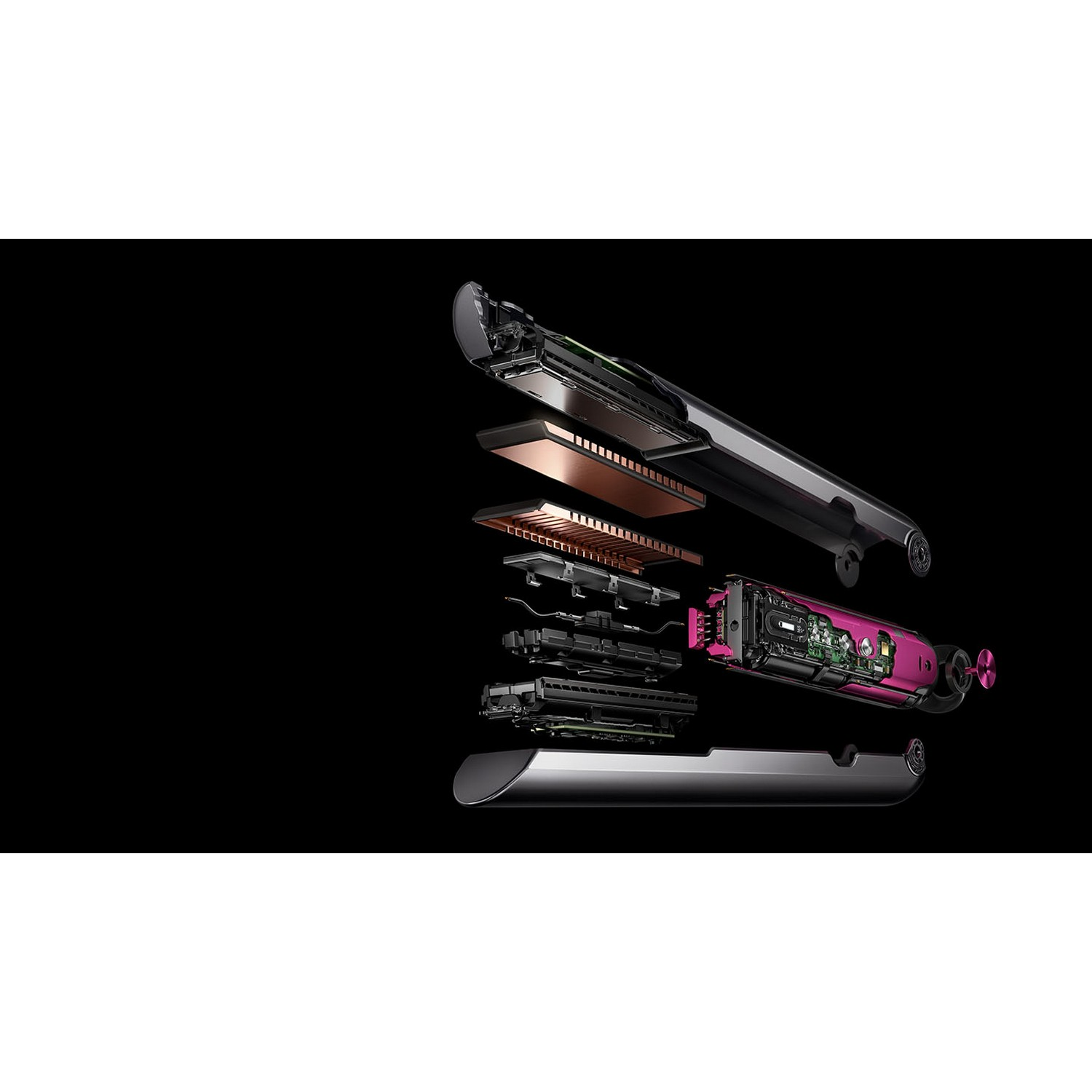 Hair straightener cut-away showing internal components. Black background. Pink accents.